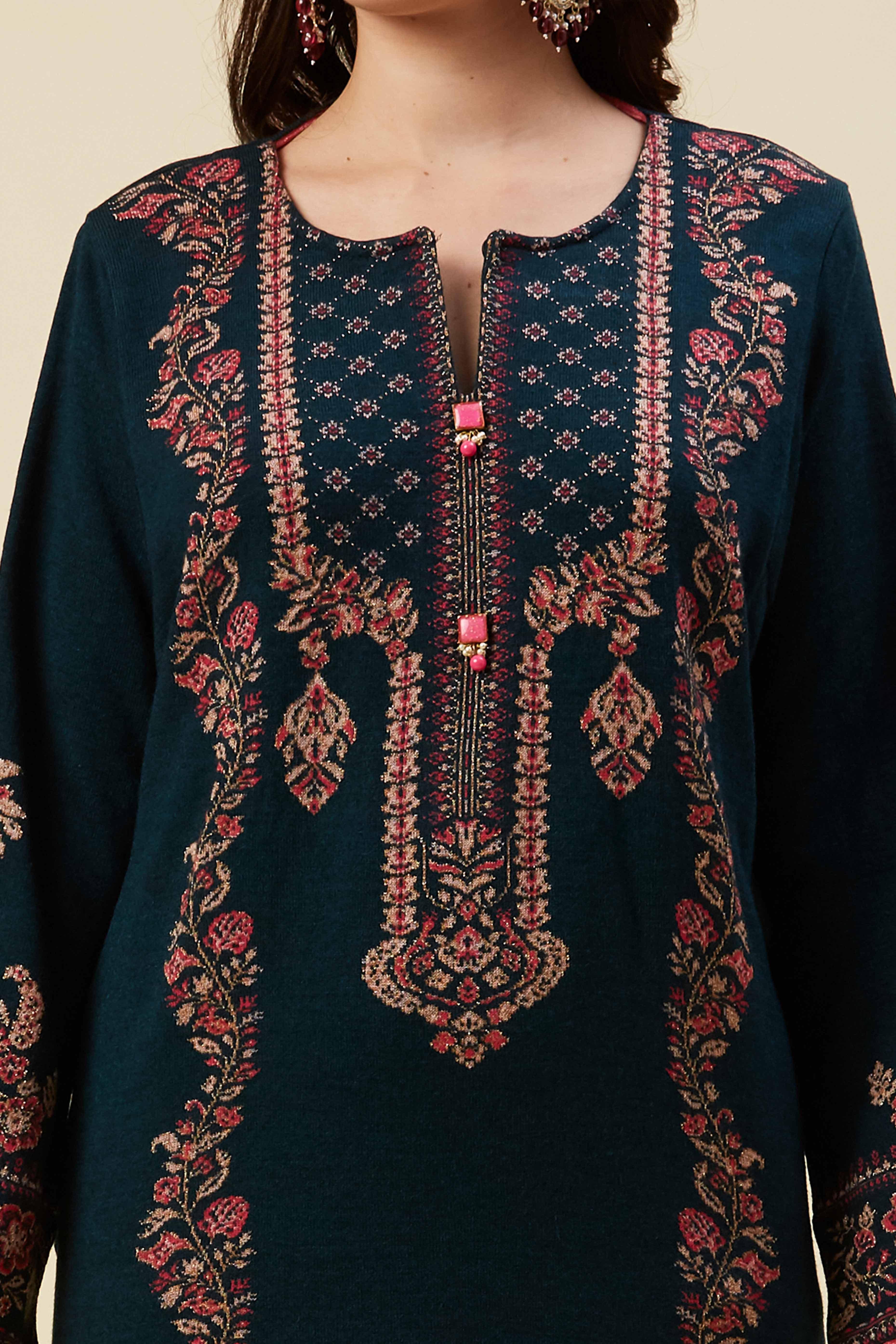 Peacock Blue Floral Woven Woolen Straight Kurti