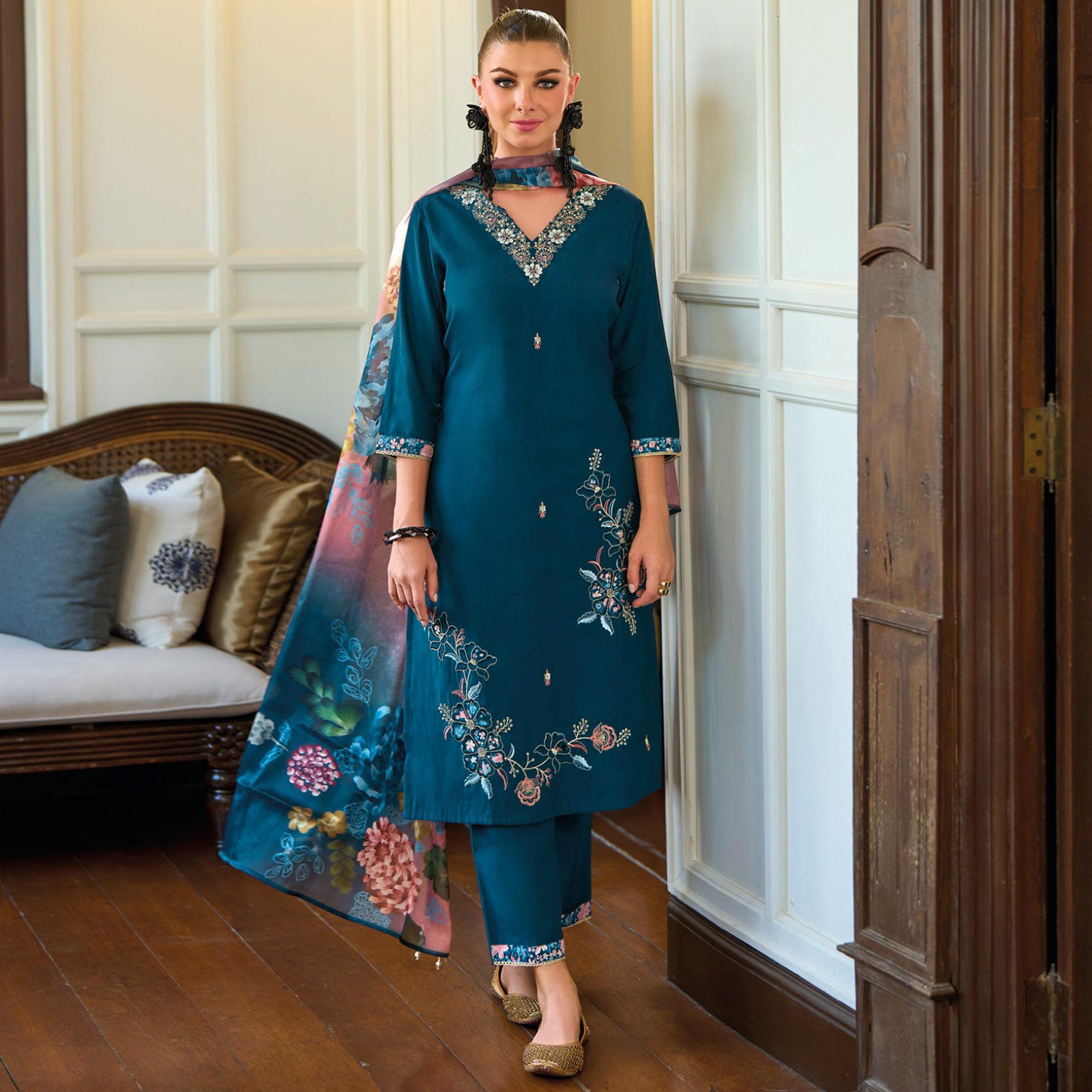 Teal Floral Handwork Embroidered Viscose Salwar Suit