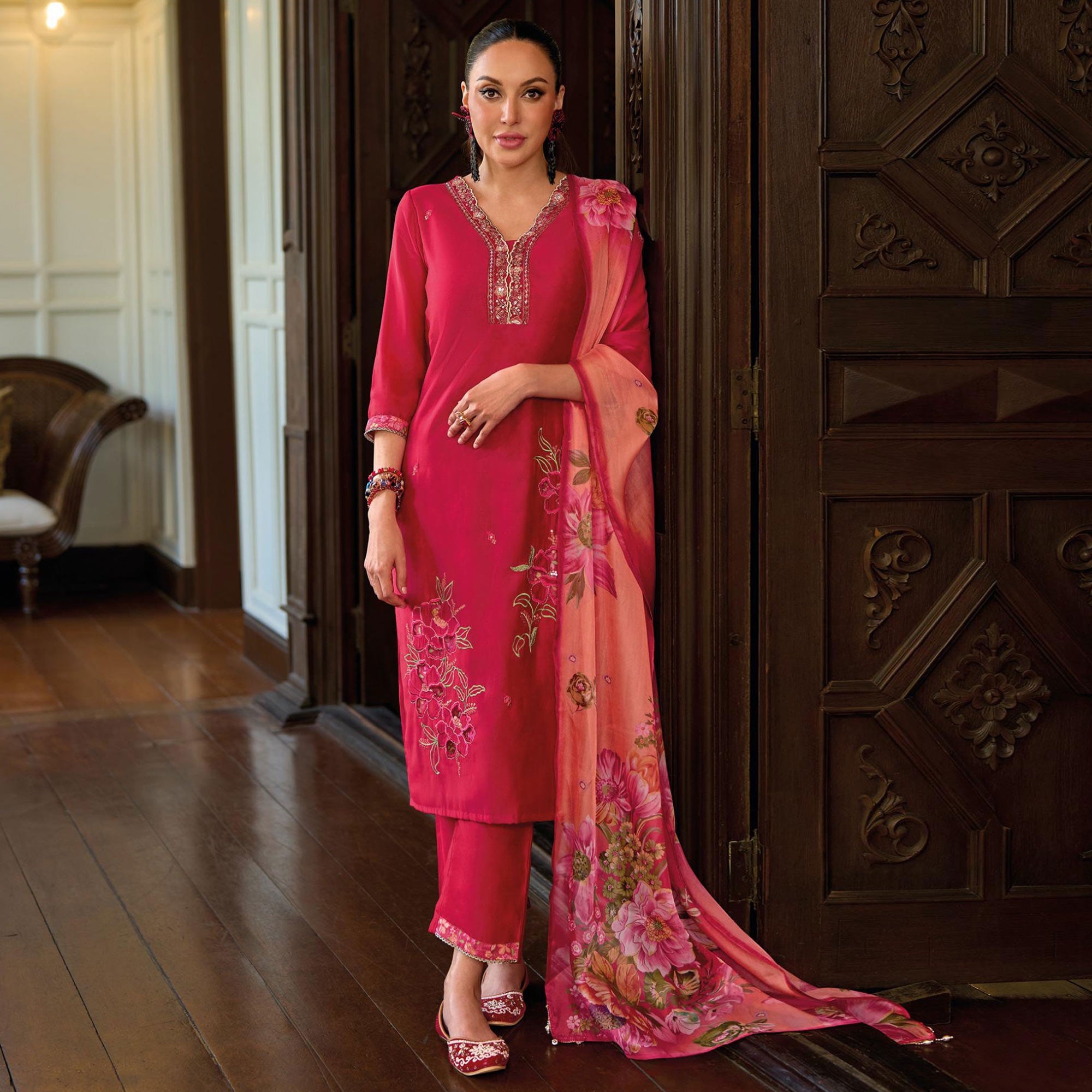 Pink Floral Handwork Embroidered Viscose Salwar Suit