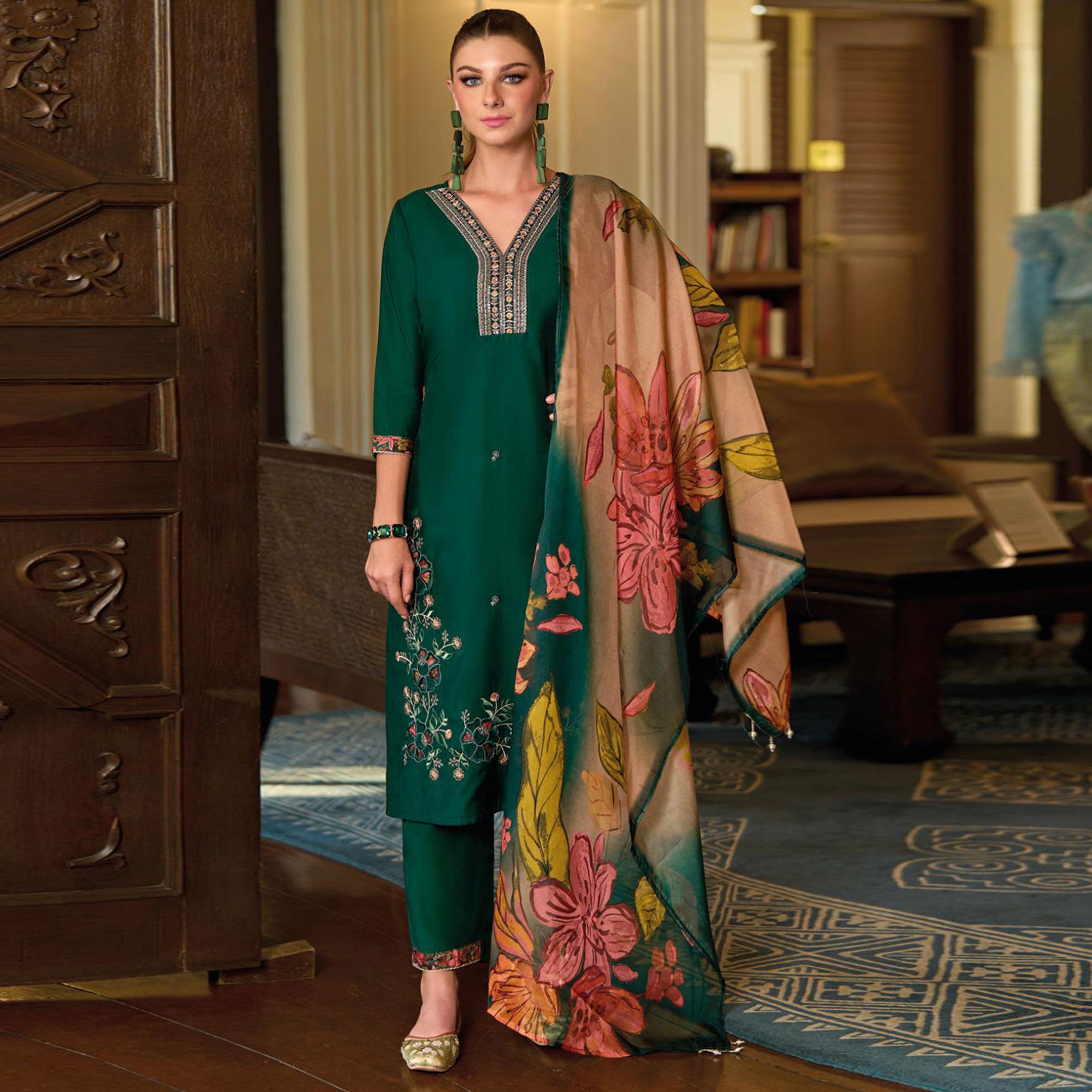 Green Floral Handwork Embroidered Viscose Salwar Suit