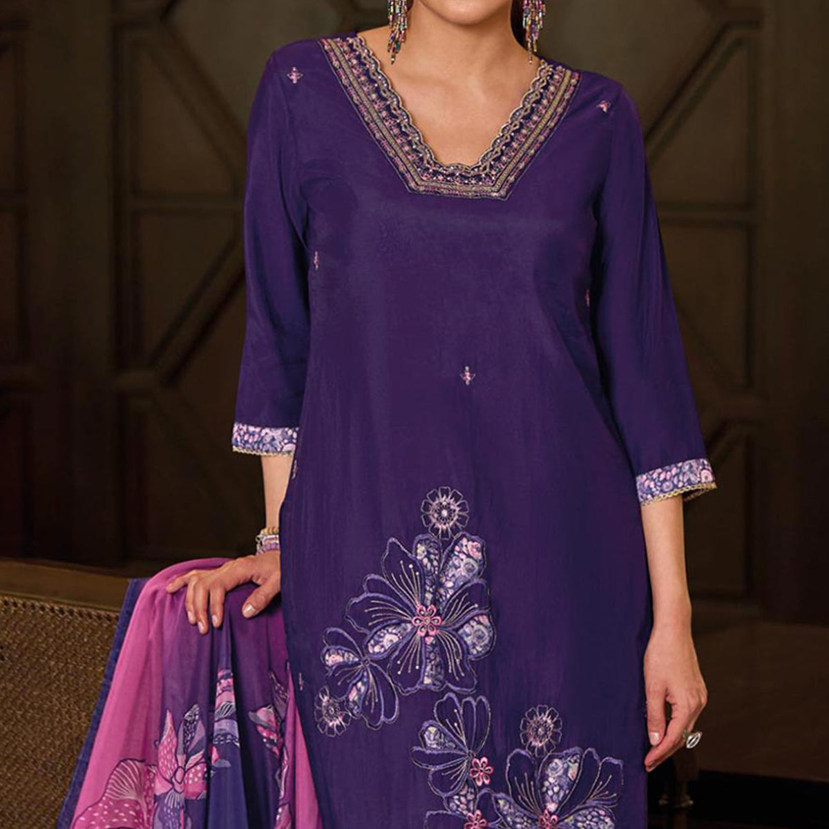 Purple Floral Handwork Embroidered Viscose Salwar Suit