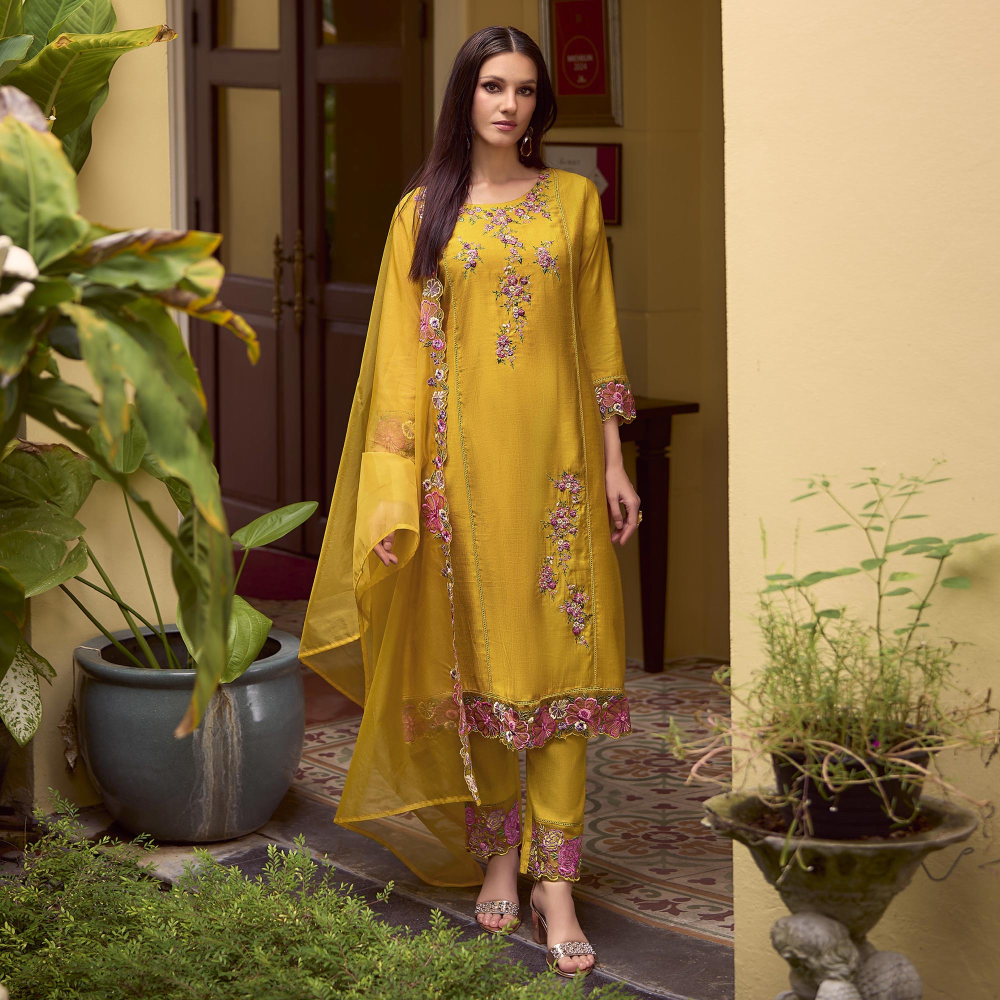 Mustard Floral Handwork Embroidered Viscose Salwar Suit