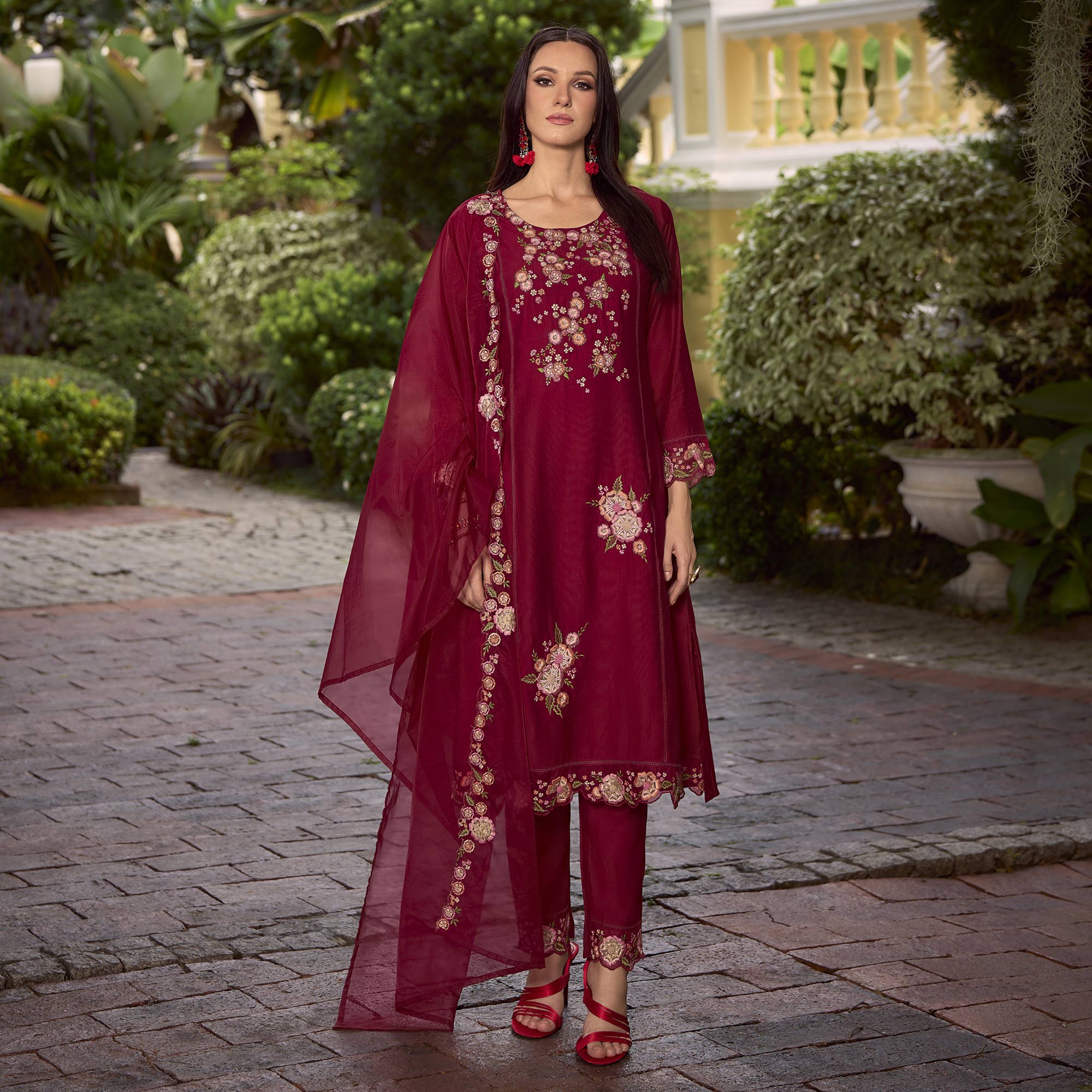 Maroon Floral Handwork Embroidered Viscose Salwar Suit