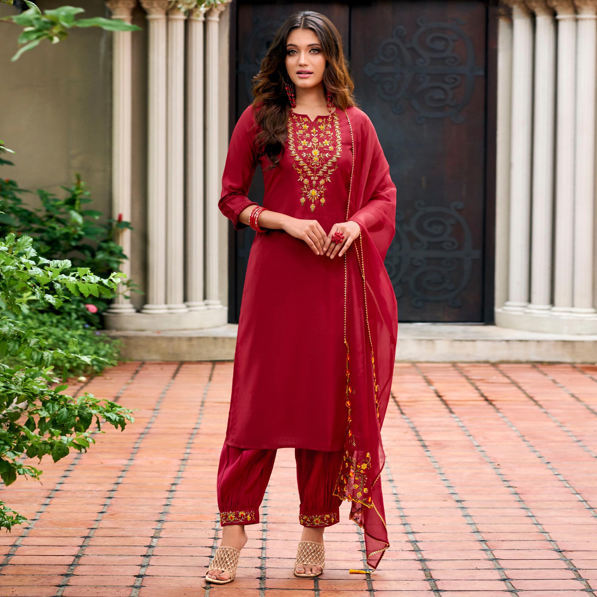 Red Floral Embroidery Chanderi Silk Suit