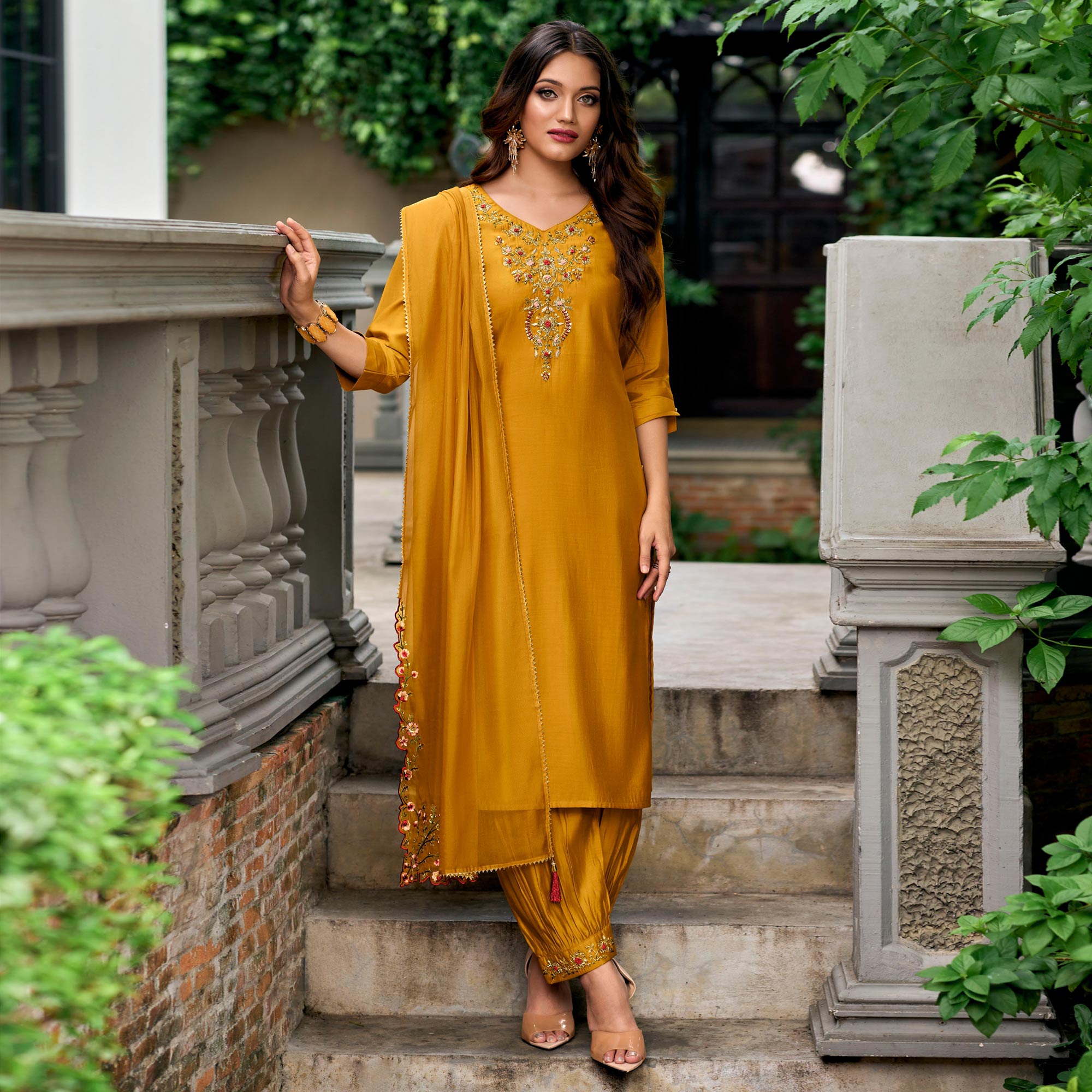 Mustard Floral Embroidery Chanderi Silk Suit