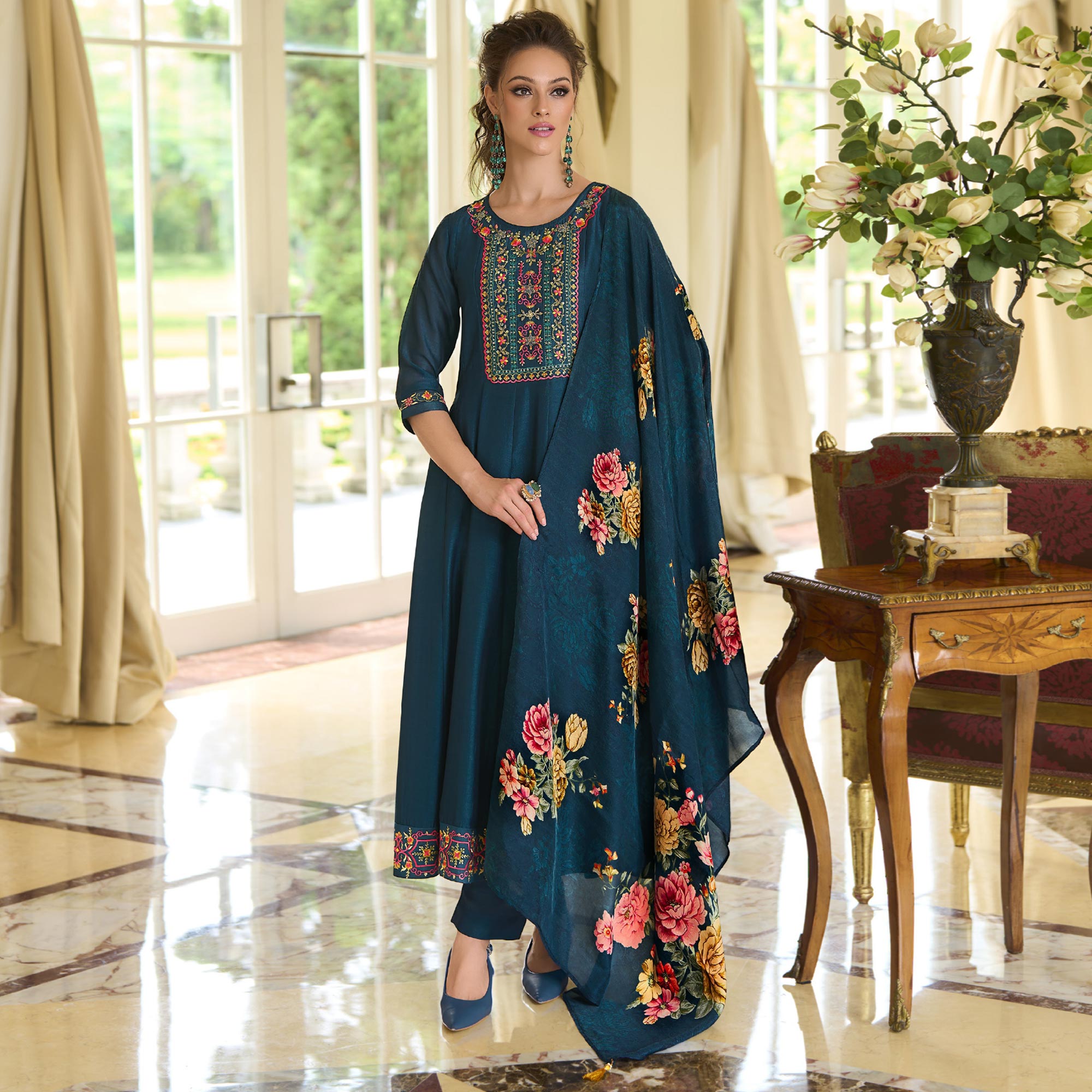 Teal Embroidered Vichitra Silk Anarkali Salwar Suit