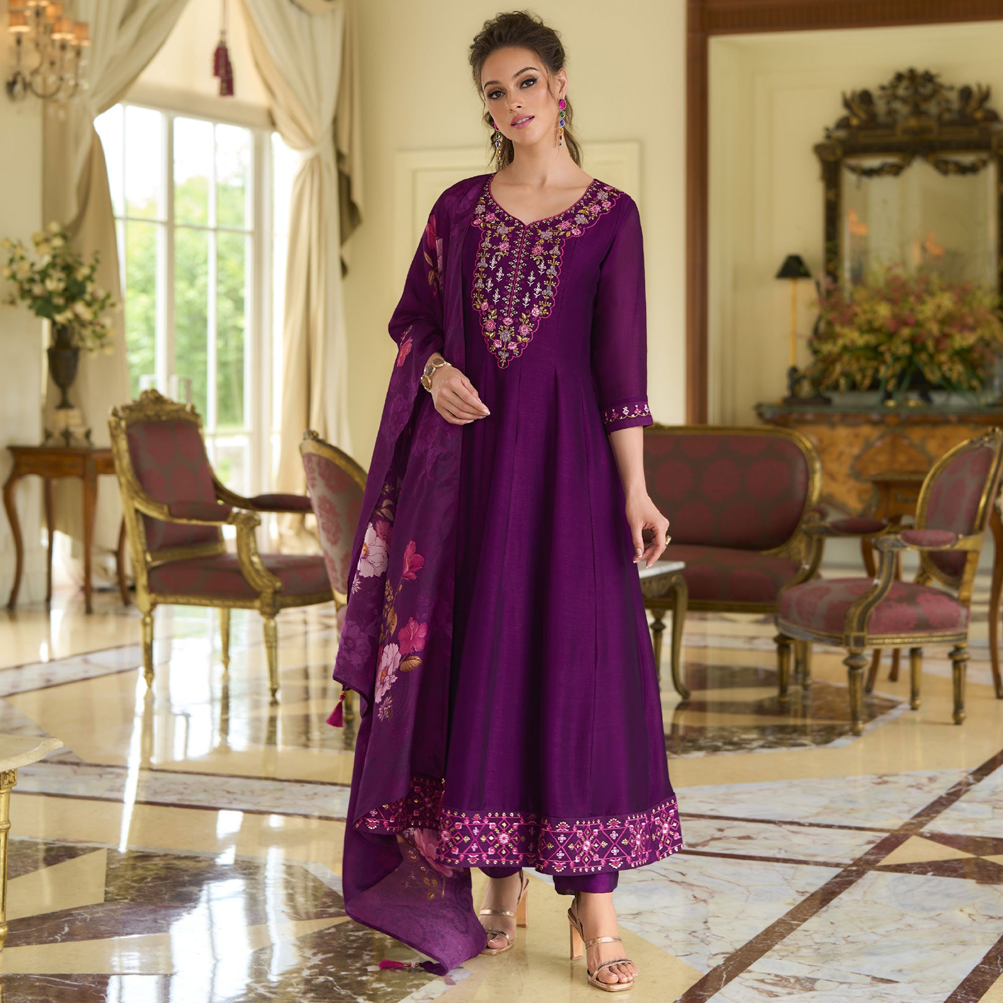 Dark Purple Embroidered Vichitra Silk Anarkali Salwar Suit