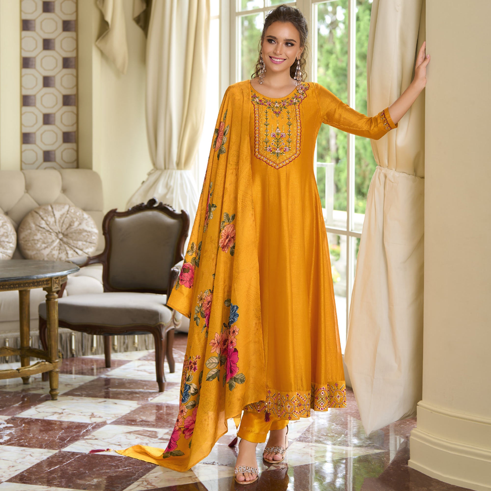 Mustard Embroidered Vichitra Silk Anarkali Salwar Suit