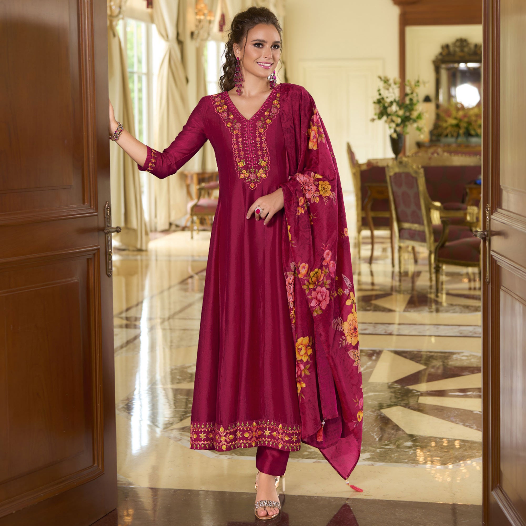 Magenta Embroidered Vichitra Silk Anarkali Salwar Suit