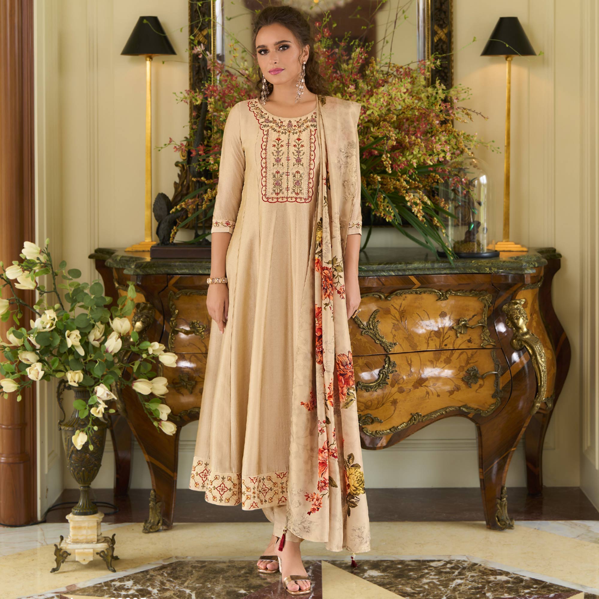 Beige Embroidered Vichitra Silk Anarkali Salwar Suit