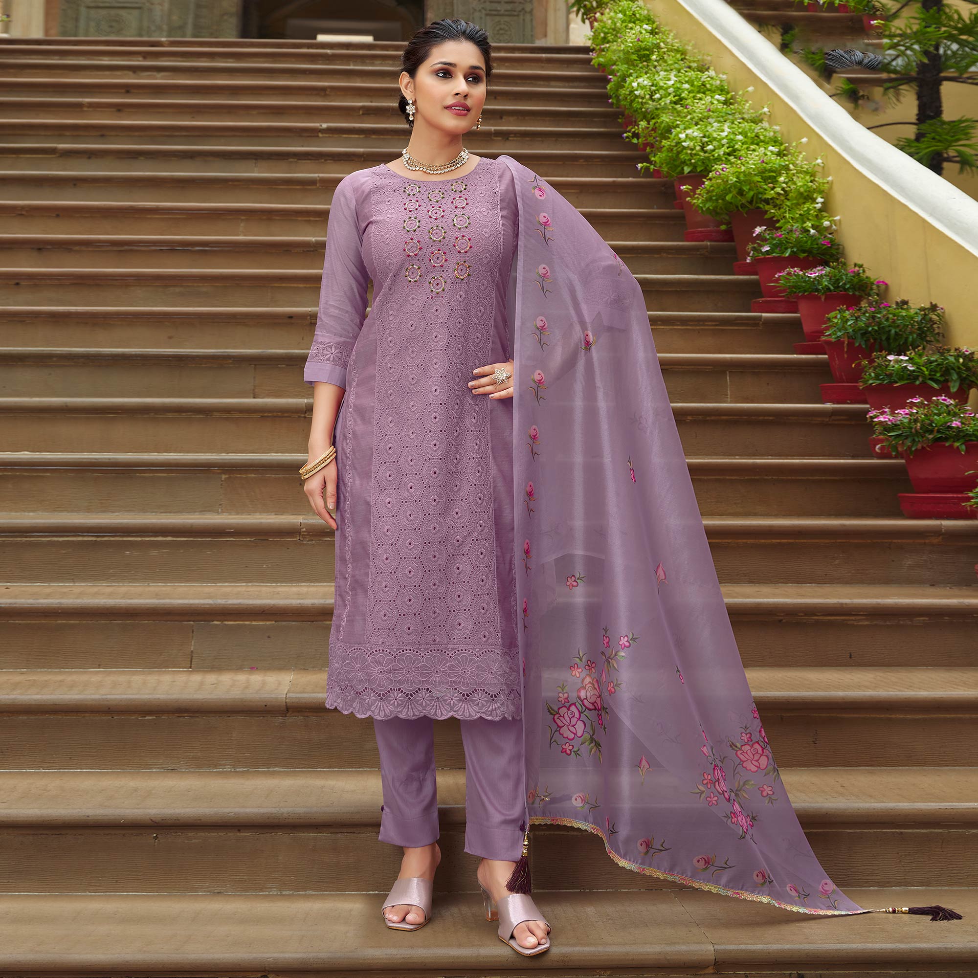 Purple Chikankari Work Cotton Silk Salwar Suit