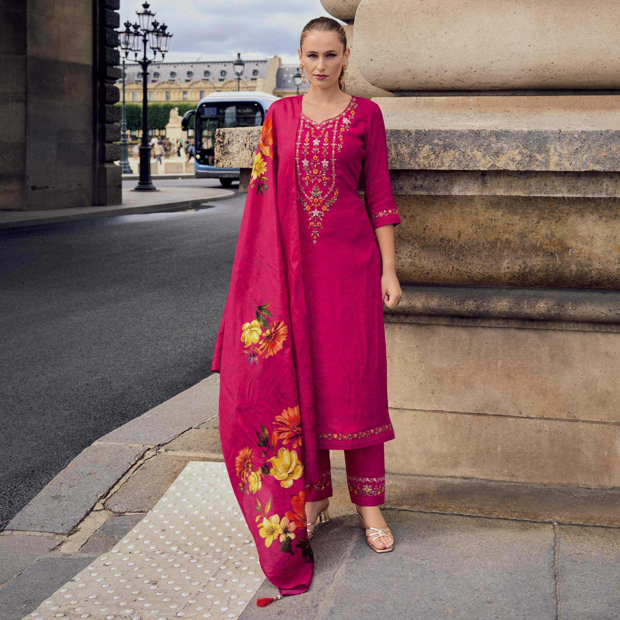 Rani Pink Floral Sequins Embroidery With Handwork Viscose Salwar Suit