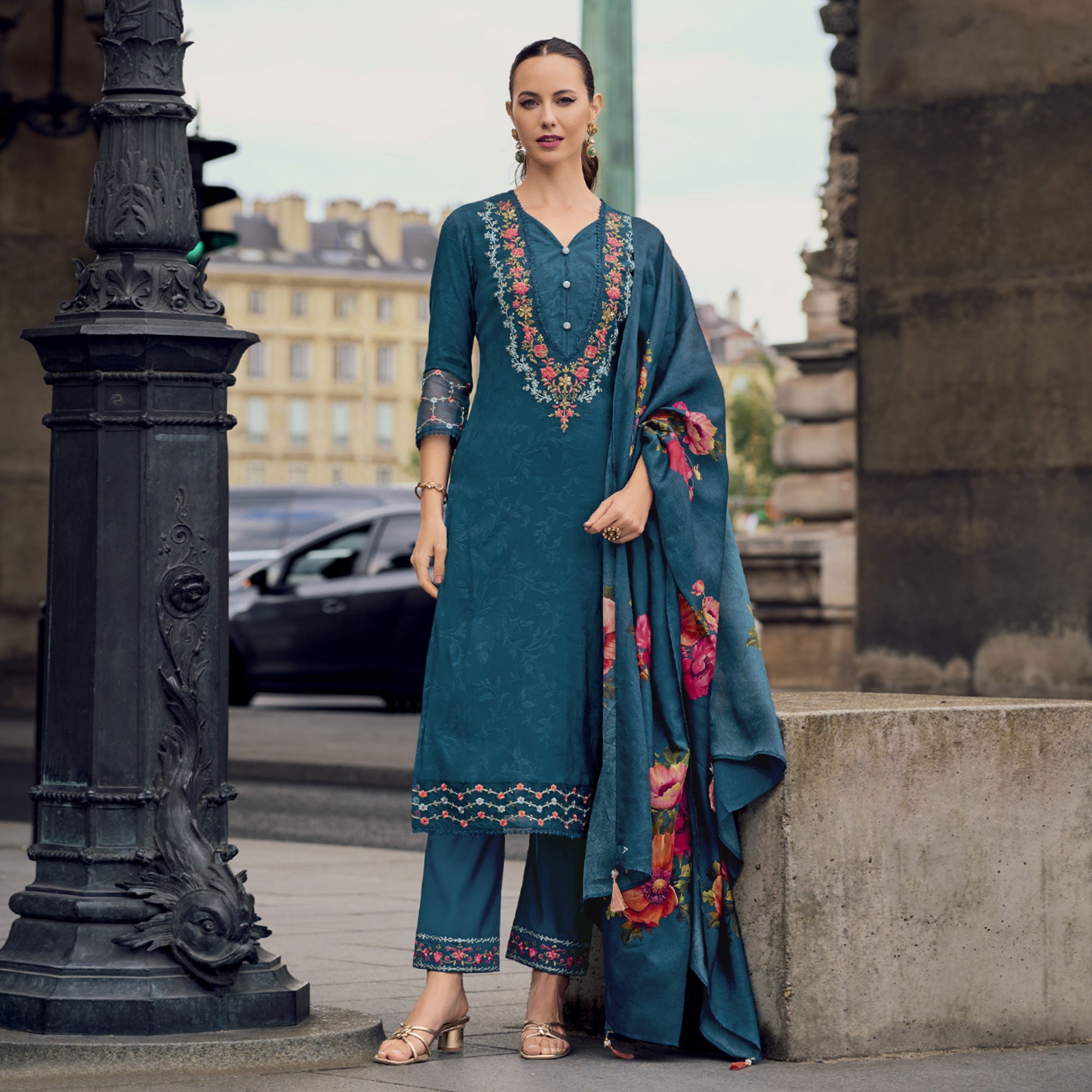 Teal Floral Sequins Embroidery With Handwork Viscose Salwar Suit