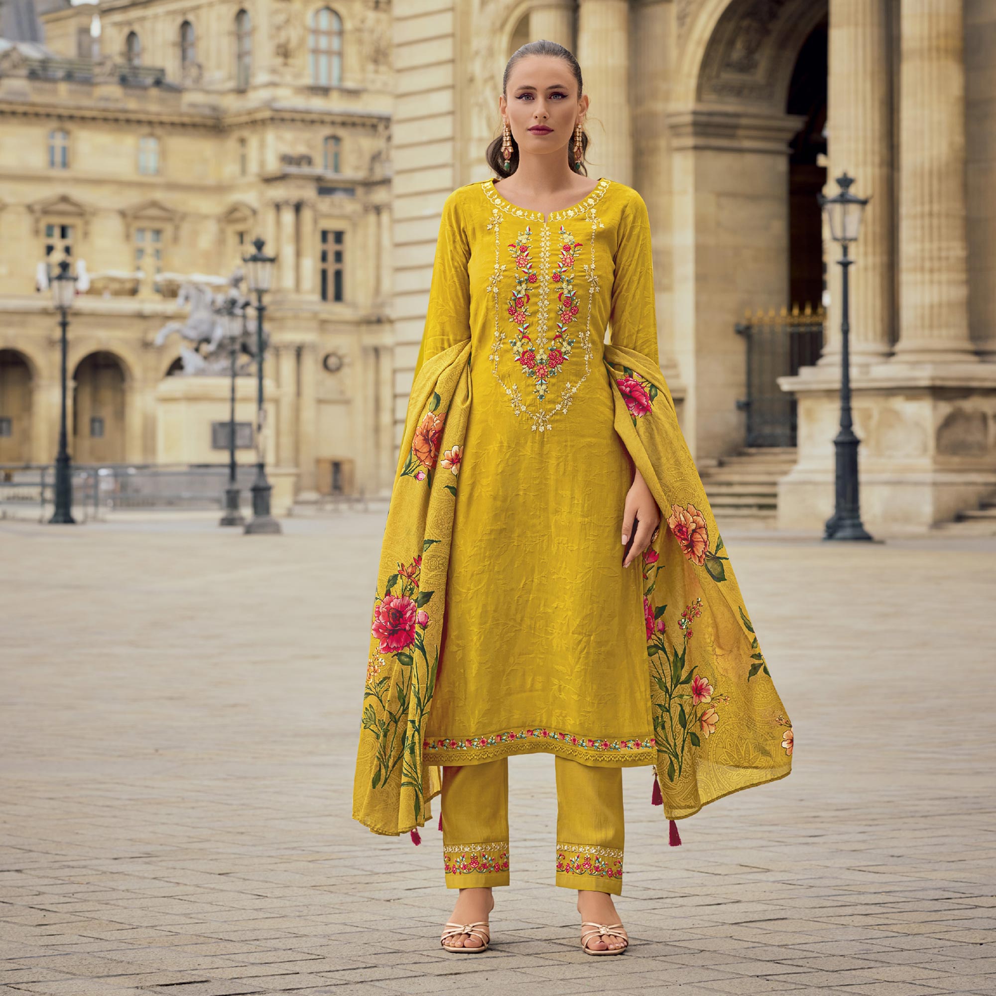 Yellow Floral Sequins Embroidery With Handwork Viscose Salwar Suit