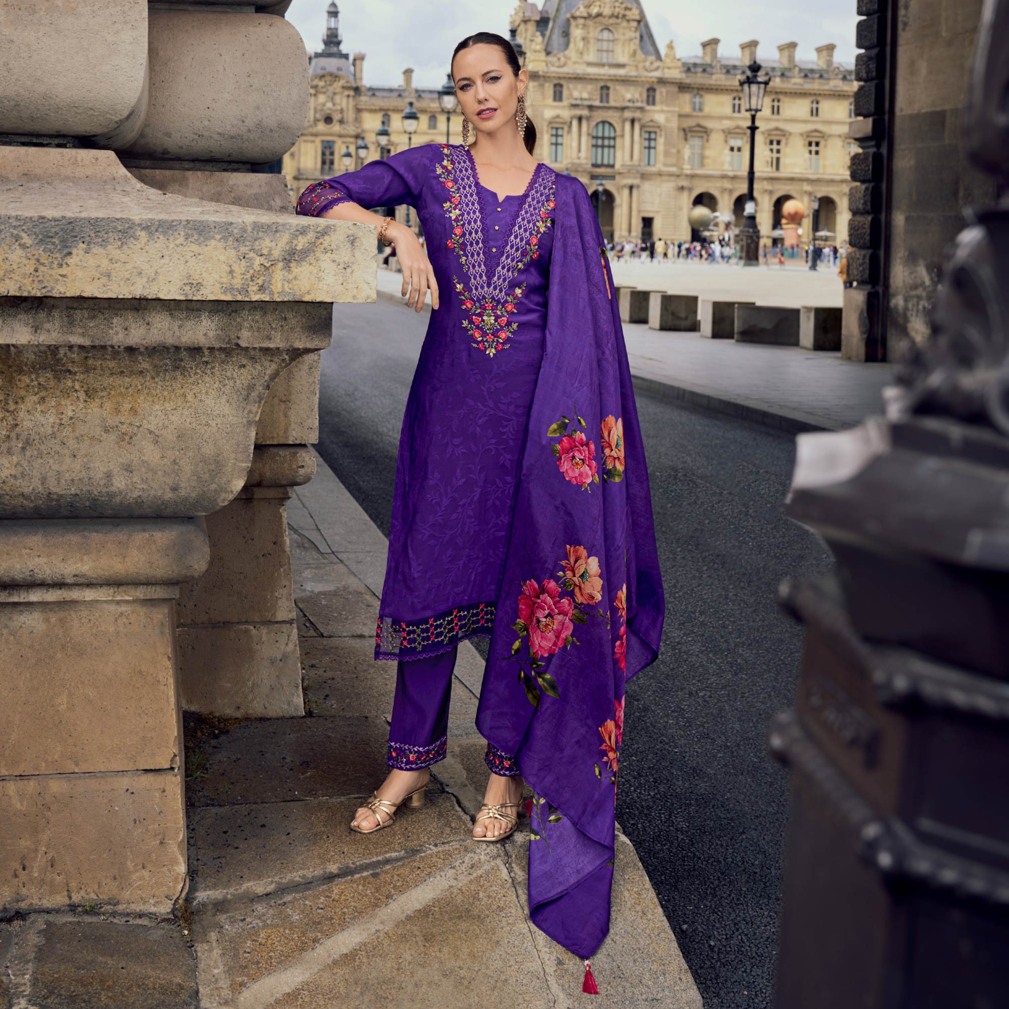 Purple Floral Sequins Embroidery With Handwork Viscose Salwar Suit