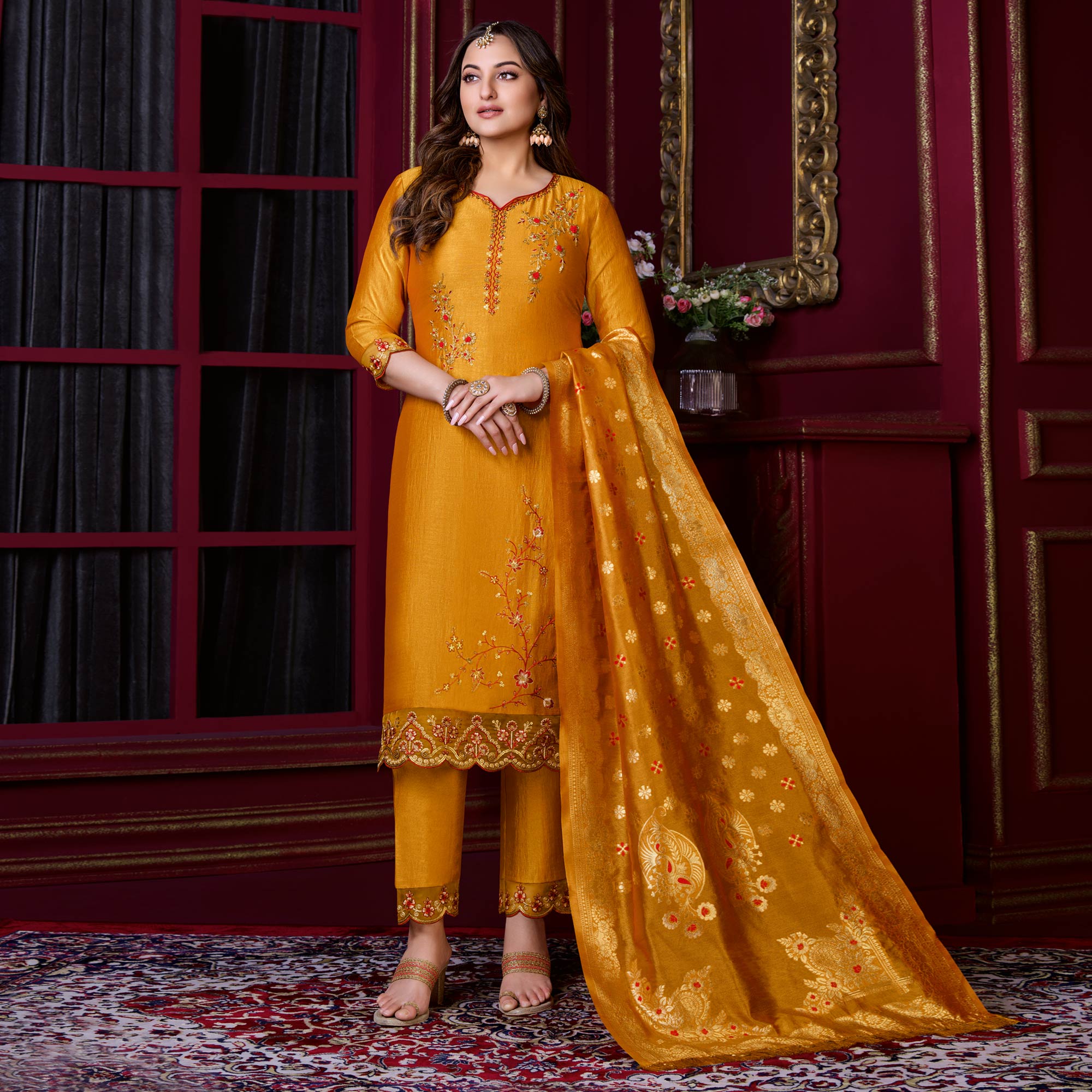 Mustard Floral Sequins Embroidered Cotton Silk Suit