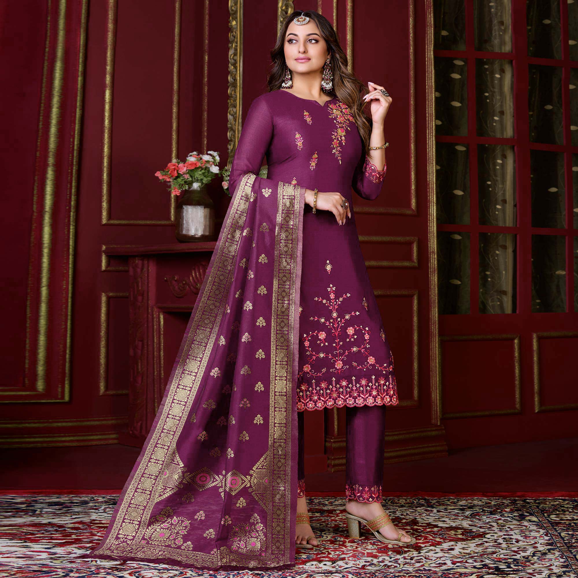 Purple Floral Sequins Embroidered Cotton Silk Suit