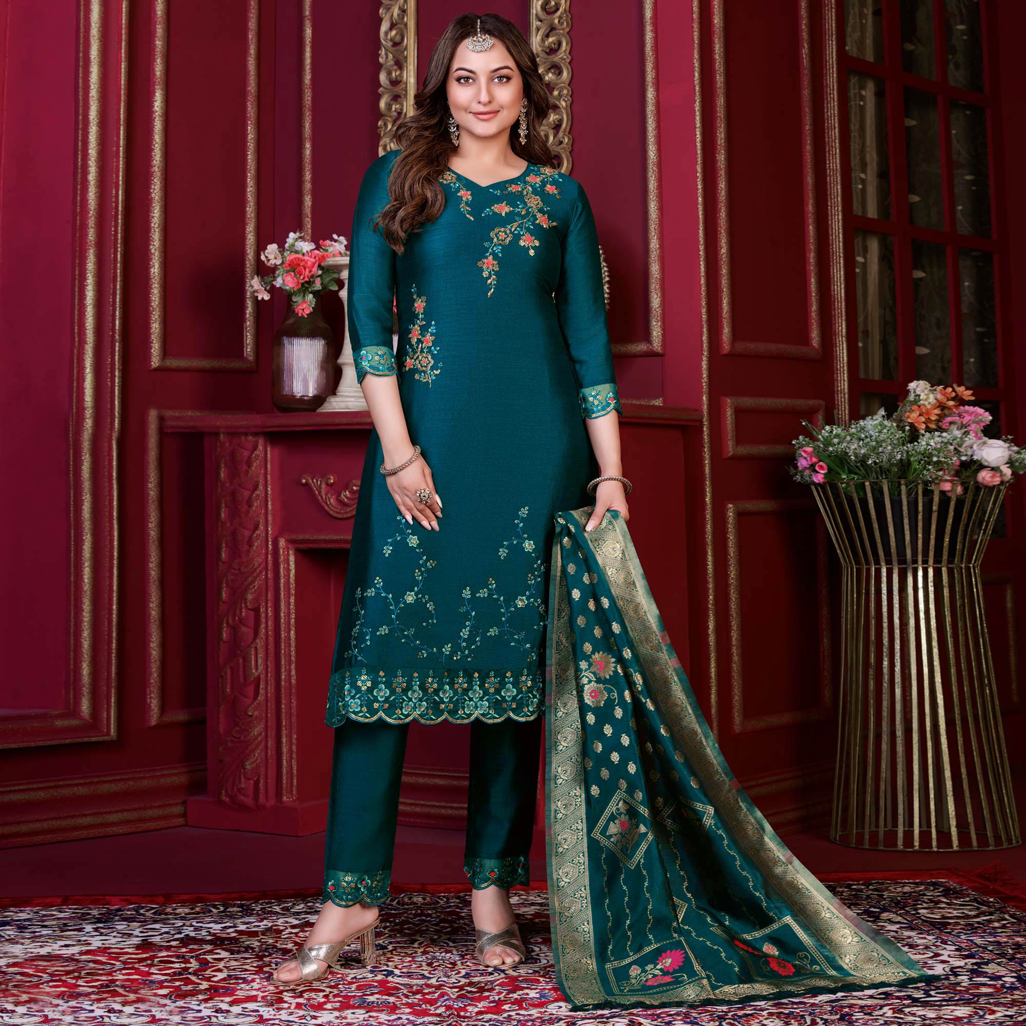 Blue Floral Sequins Embroidered Cotton Silk Suit