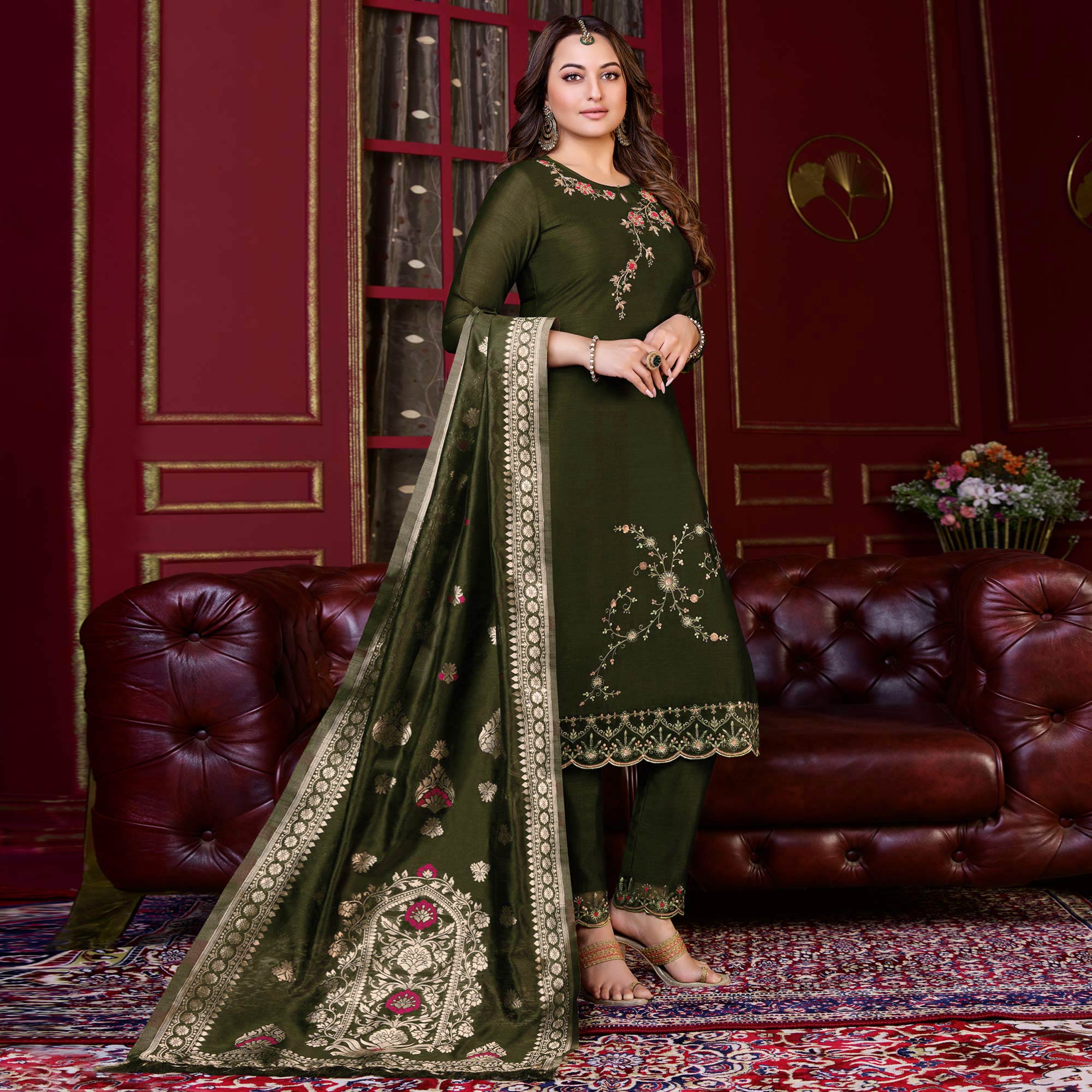 Mehendi Green Floral Sequins Embroidered Cotton Silk Suit