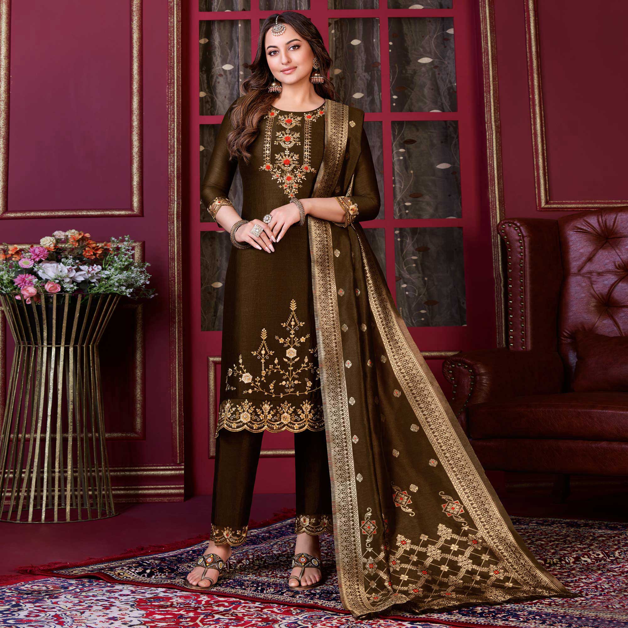 Brown Floral Sequins Embroidered Cotton Silk Suit