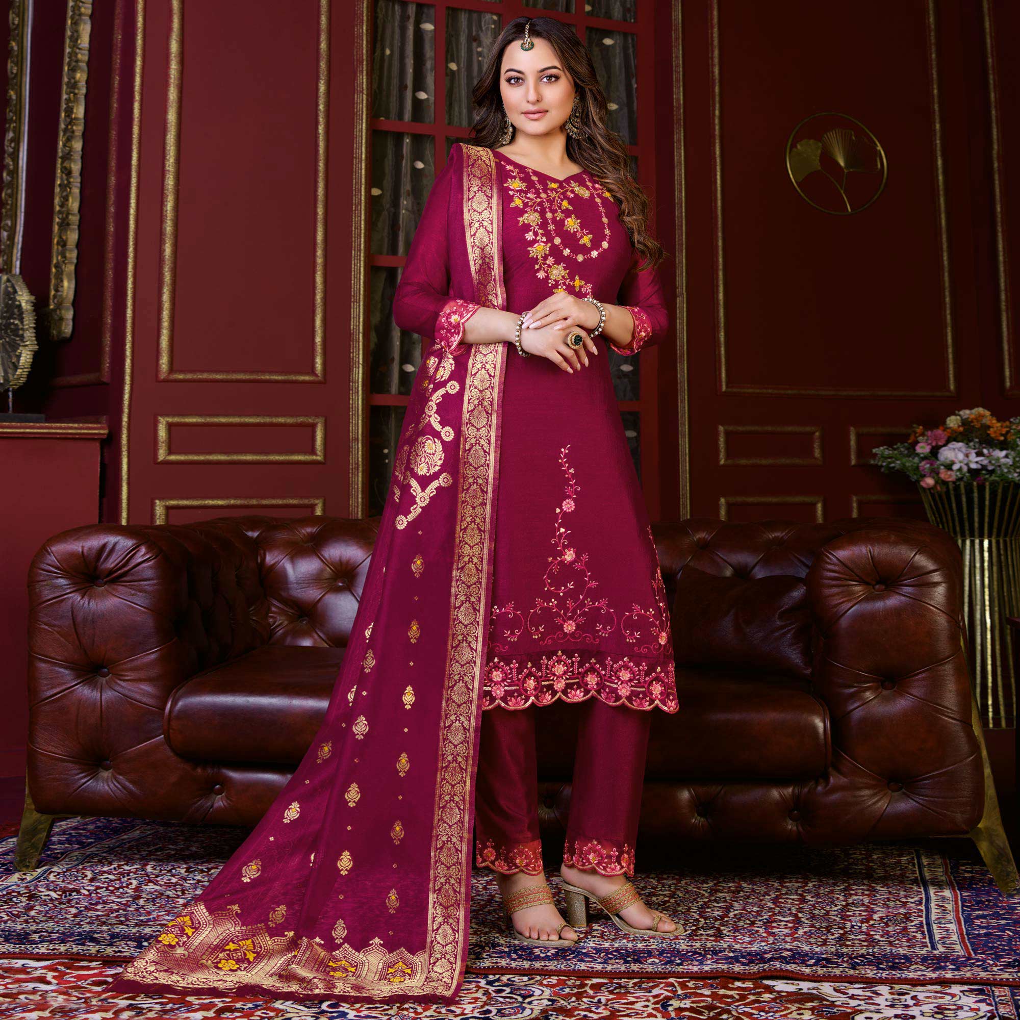 Rani Pink Floral Sequins Embroidered Cotton Silk Suit