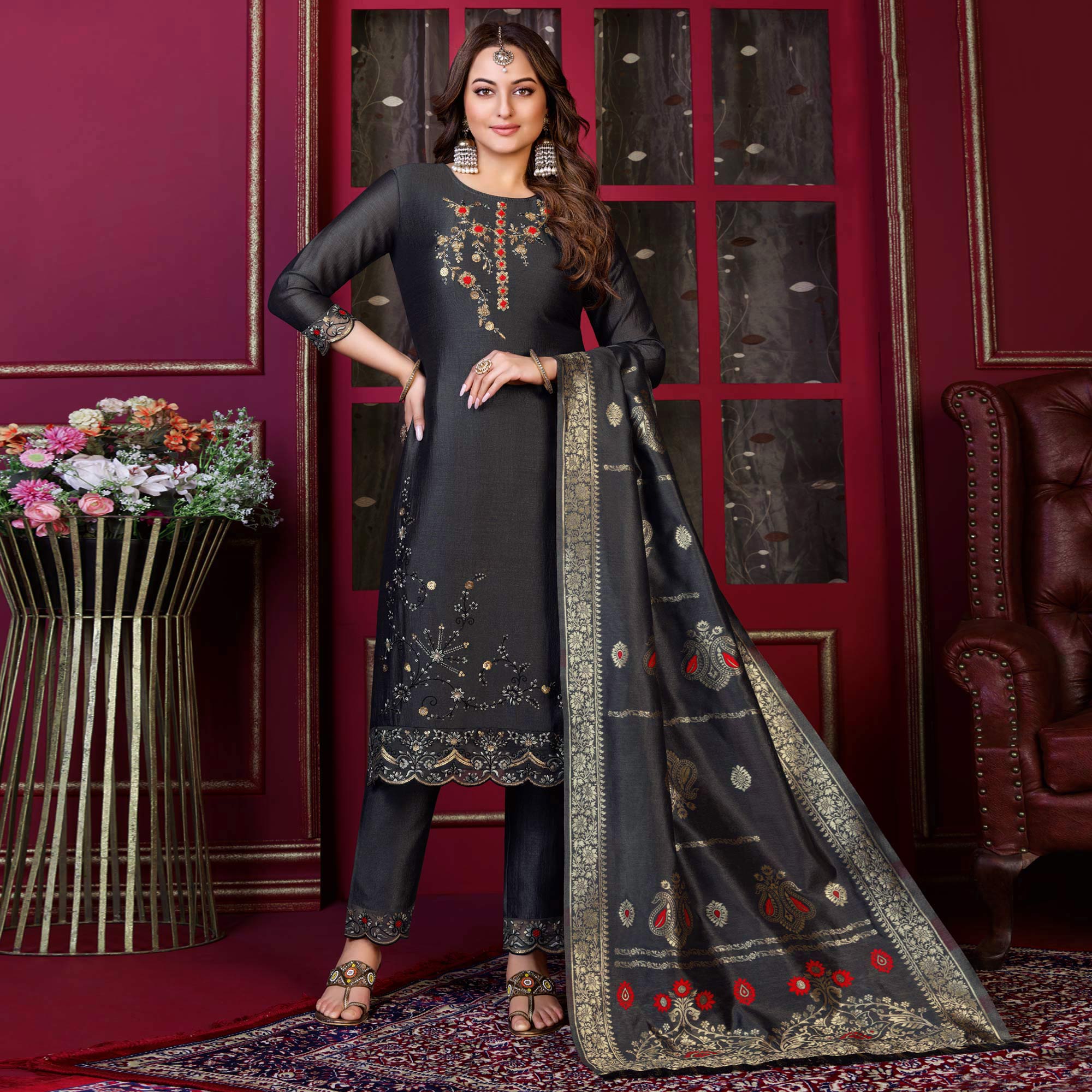 Grey Floral Sequins Embroidered Cotton Silk Suit