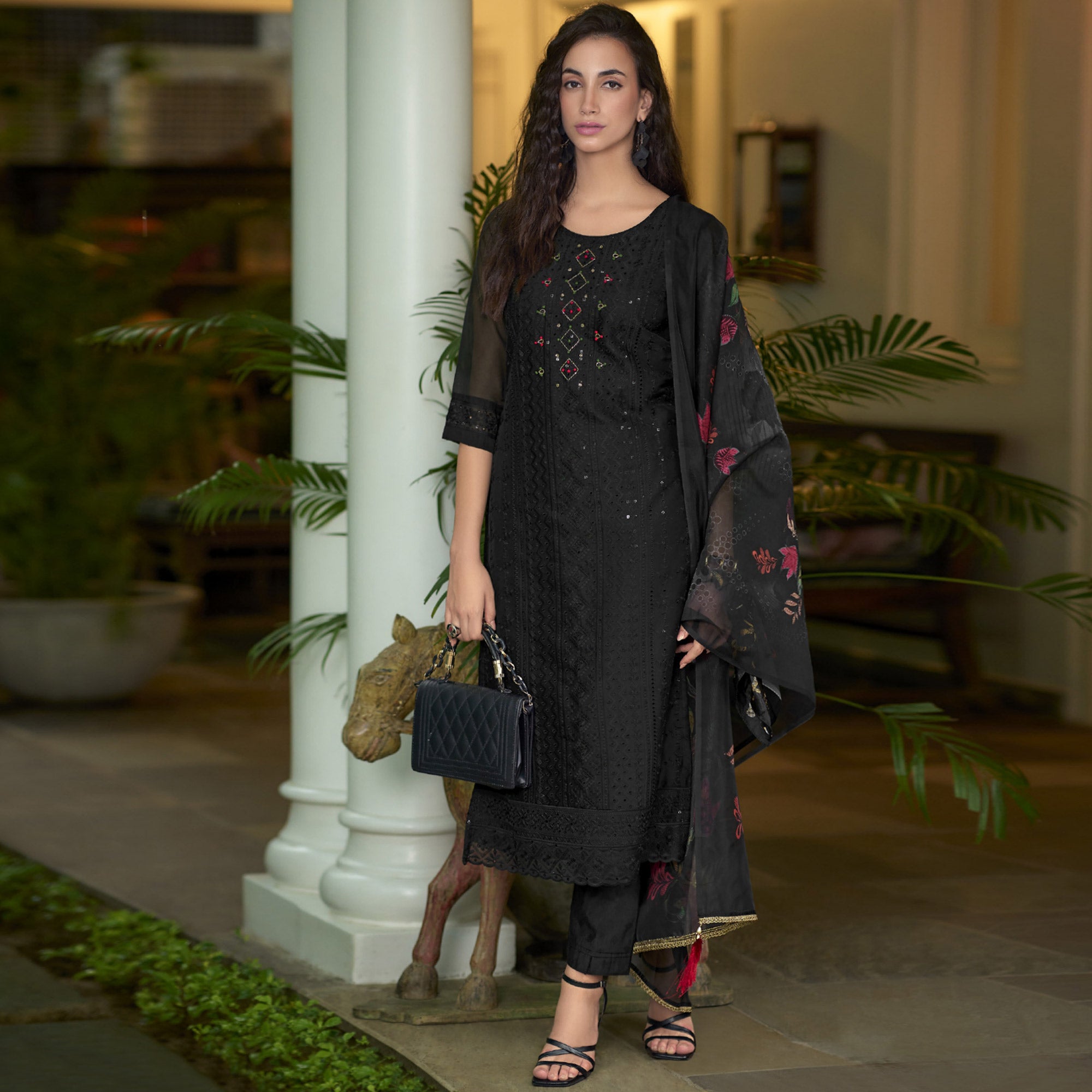 Black Chikankari With Handwork Organza Salwar Suit