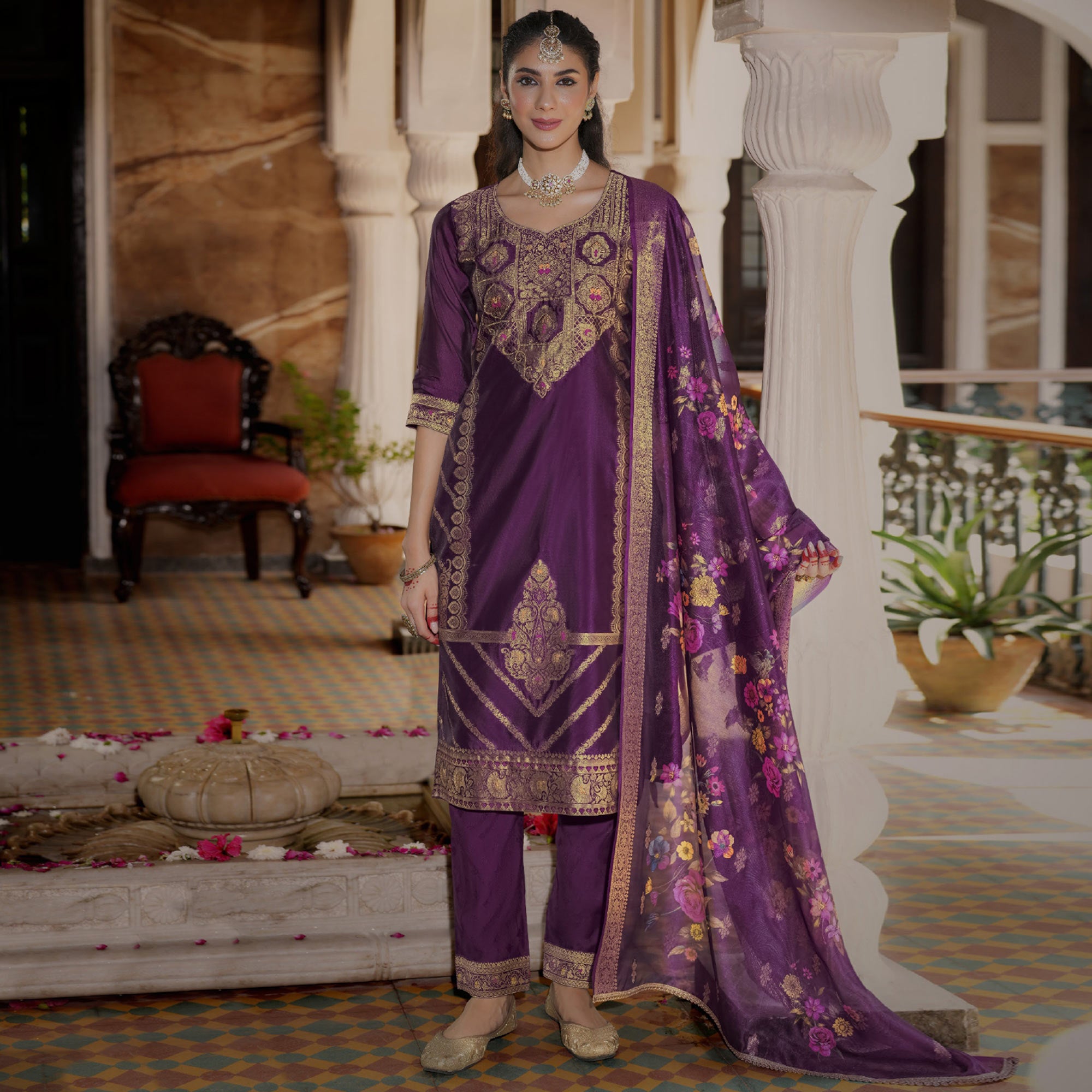 Purple Floral Woven With Handwork Organza Salwar Suit