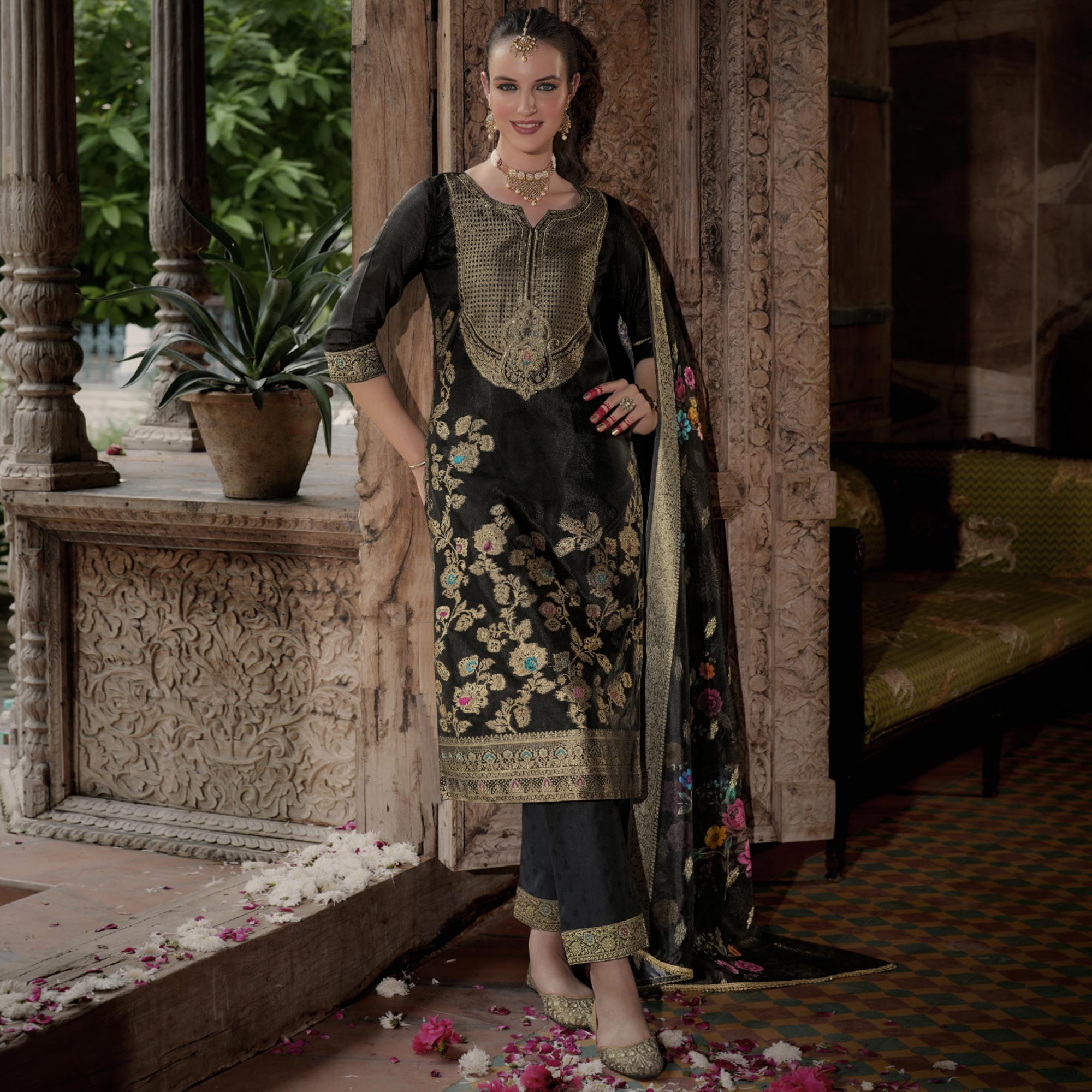 Black Floral Woven With Handwork Organza Salwar Suit