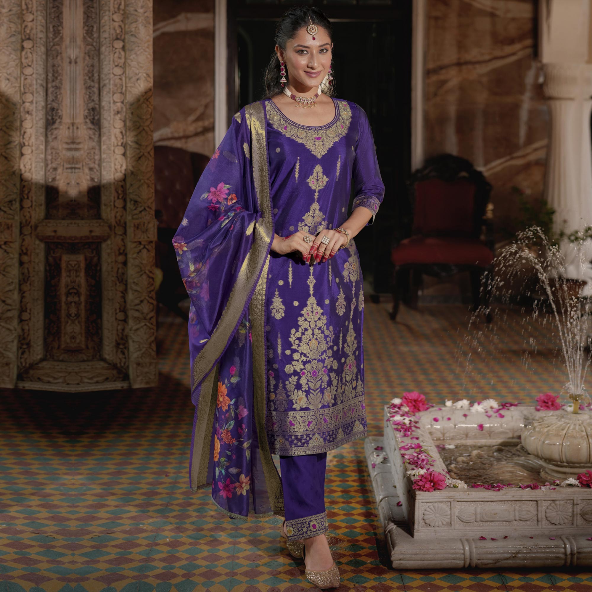 Violet Floral Woven With Handwork Organza Salwar Suit