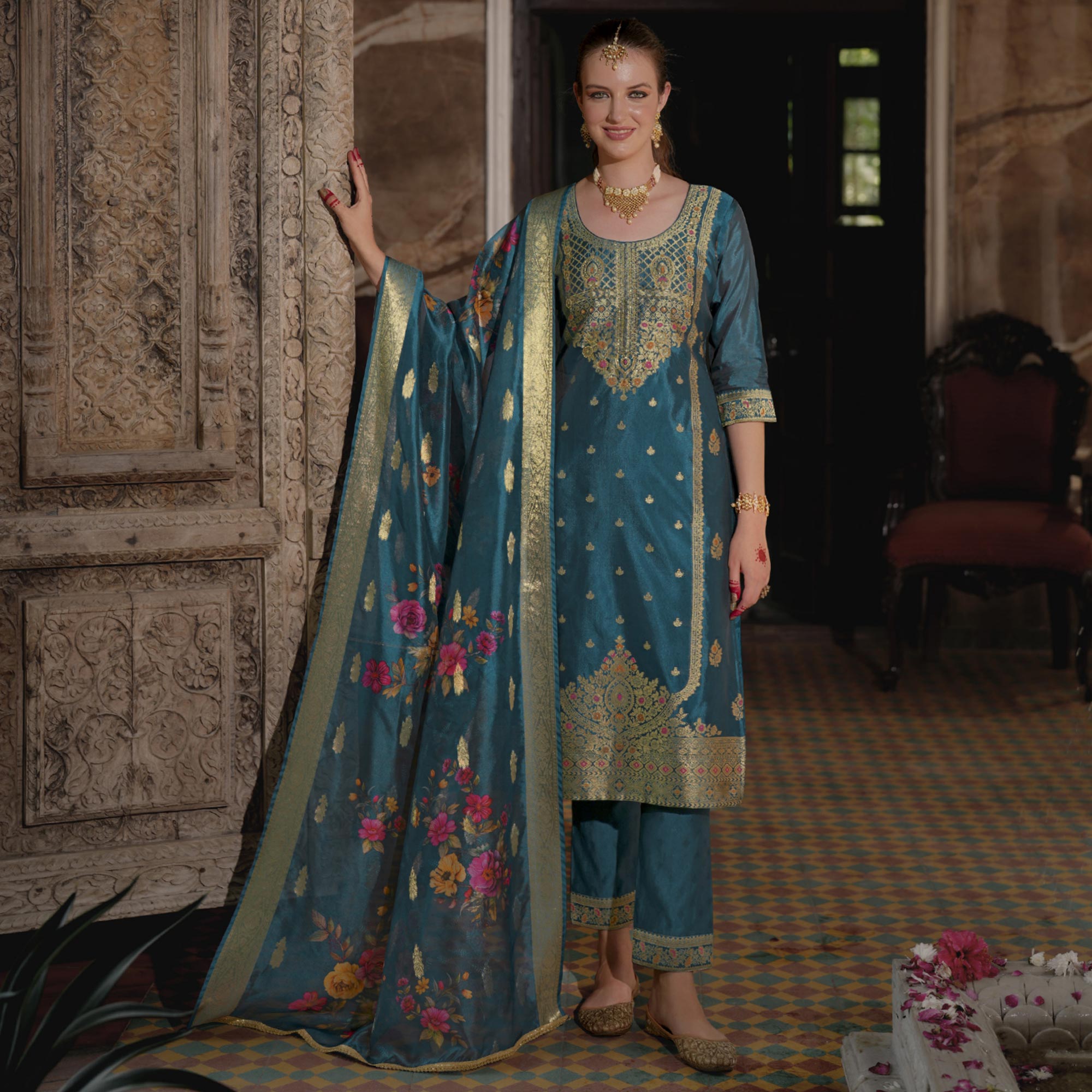 Rama Blue Floral Woven With Handwork Organza Salwar Suit