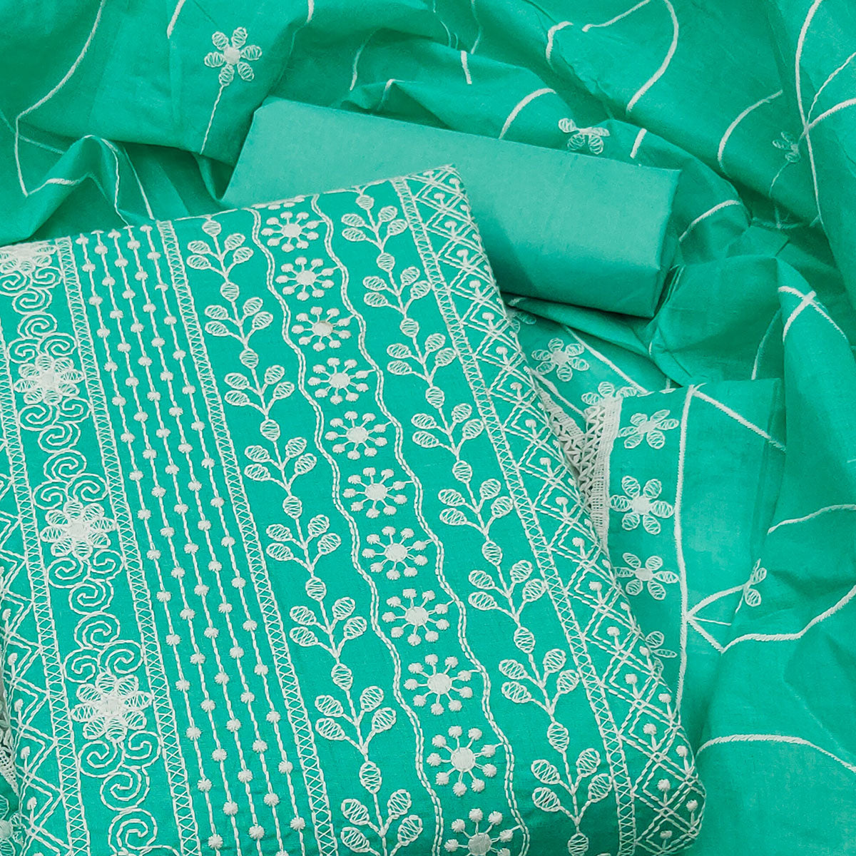 Turquoise Floral Embroidered Pure Cotton Dress Material