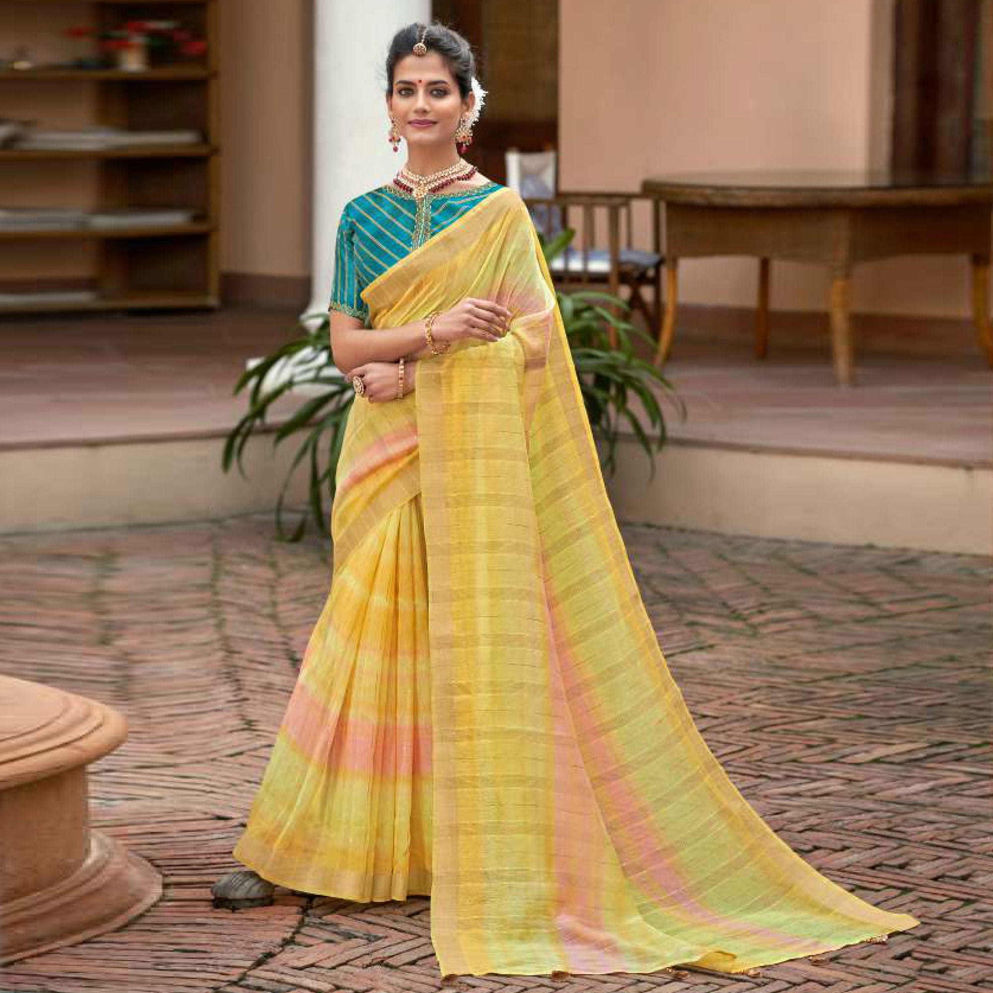 Yellow Woven Linen Saree With Tassels