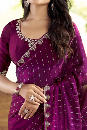 Graceful Magenta Nylon Partywear Saree Adorned with Exquisite Stone Work