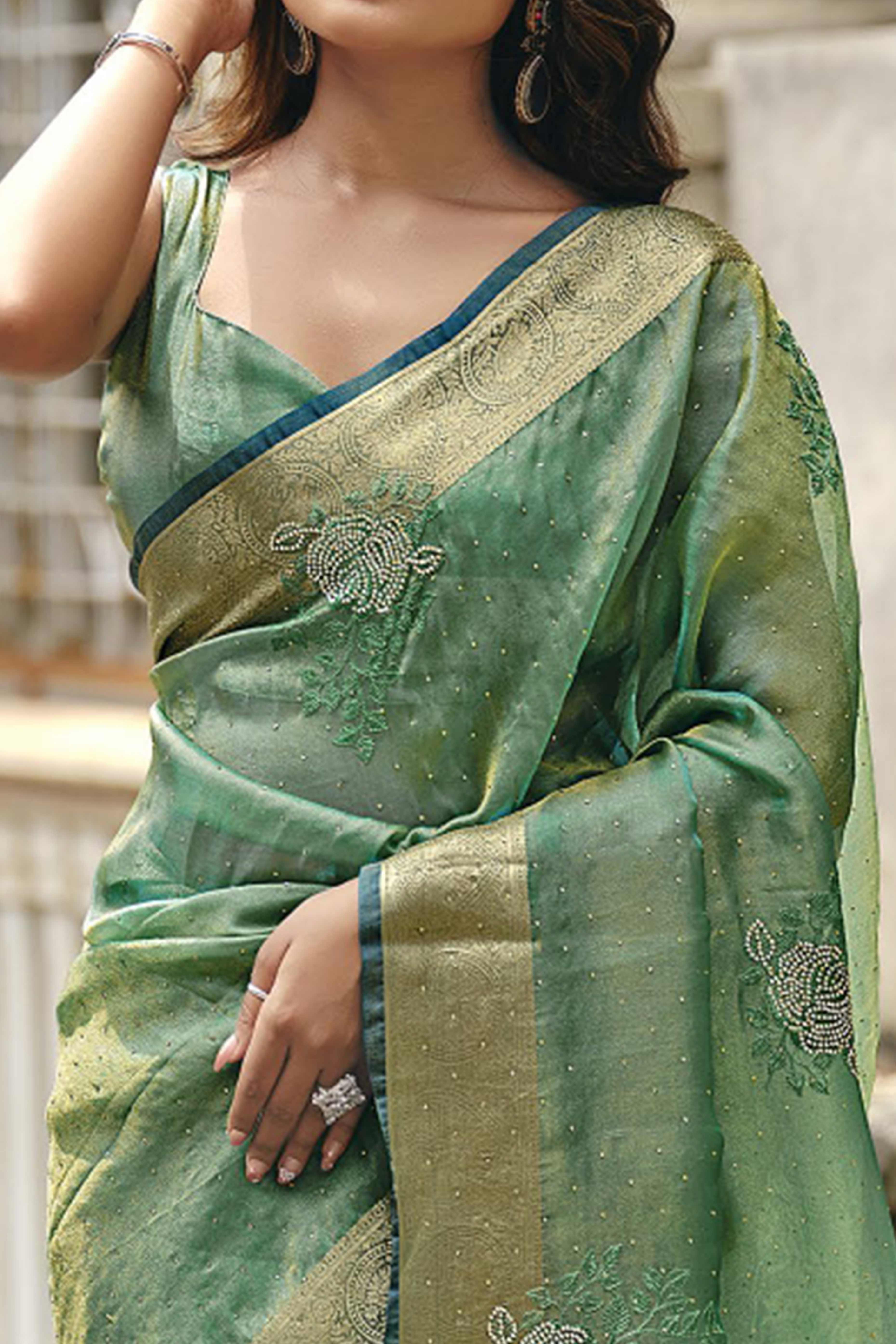 Sea Green Nylon Saree Highlighted with Sparkling Stone Embroidery for Party & Festive Styling