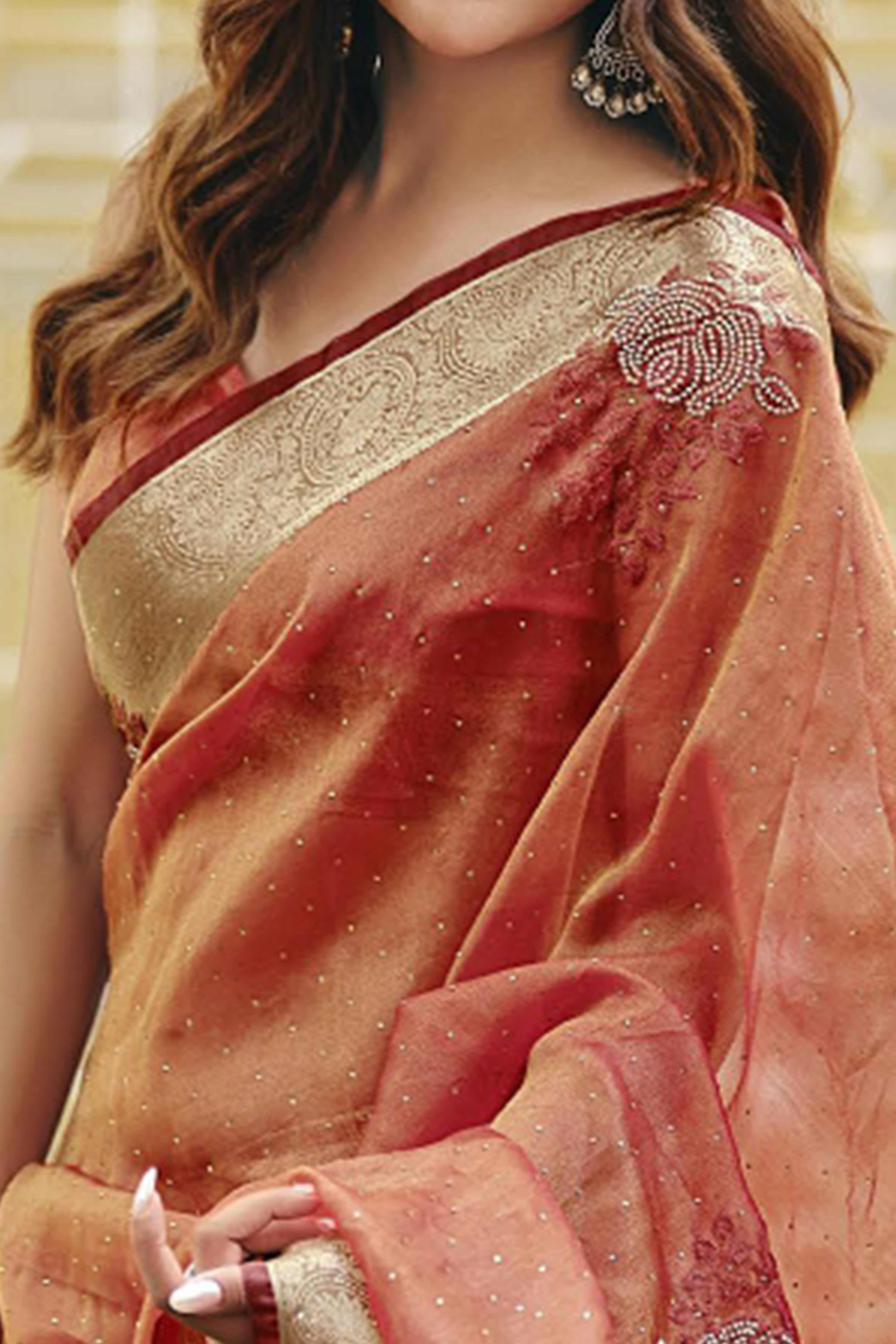 Warm Orange Nylon Saree Highlighted with Sparkling Stone Embroidery for Party & Festive Styling