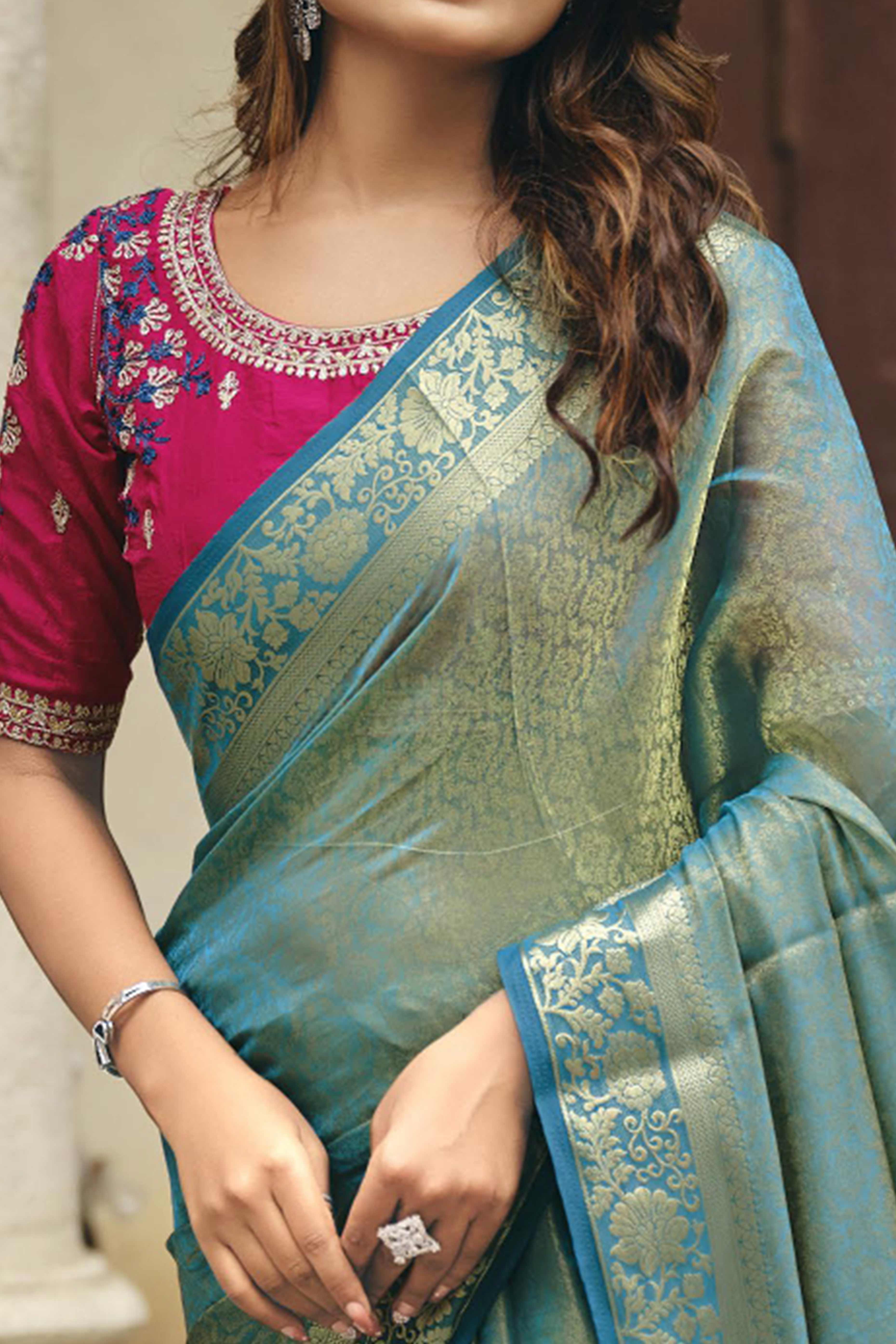 Elegant Rama Blue Partywear Nylon Silk Saree with Stone & Weaving Details
