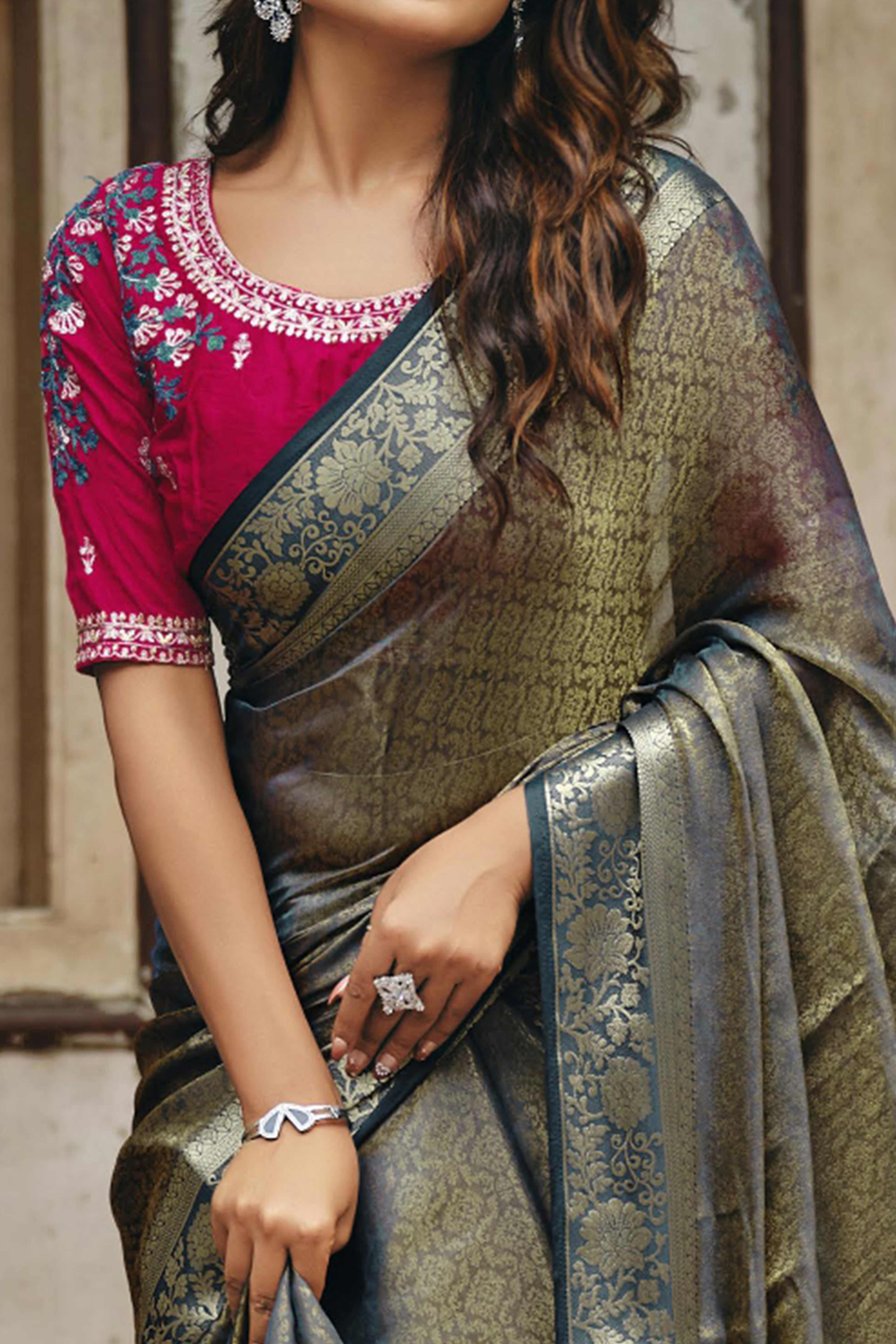 Elegant Grey Partywear Nylon Silk Saree with Stone & Weaving Details