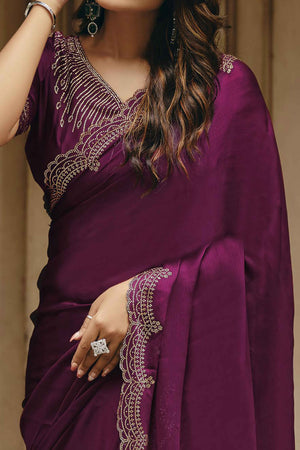 Wine Stone Work Embellished Satin Saree for Glamorous Party Look