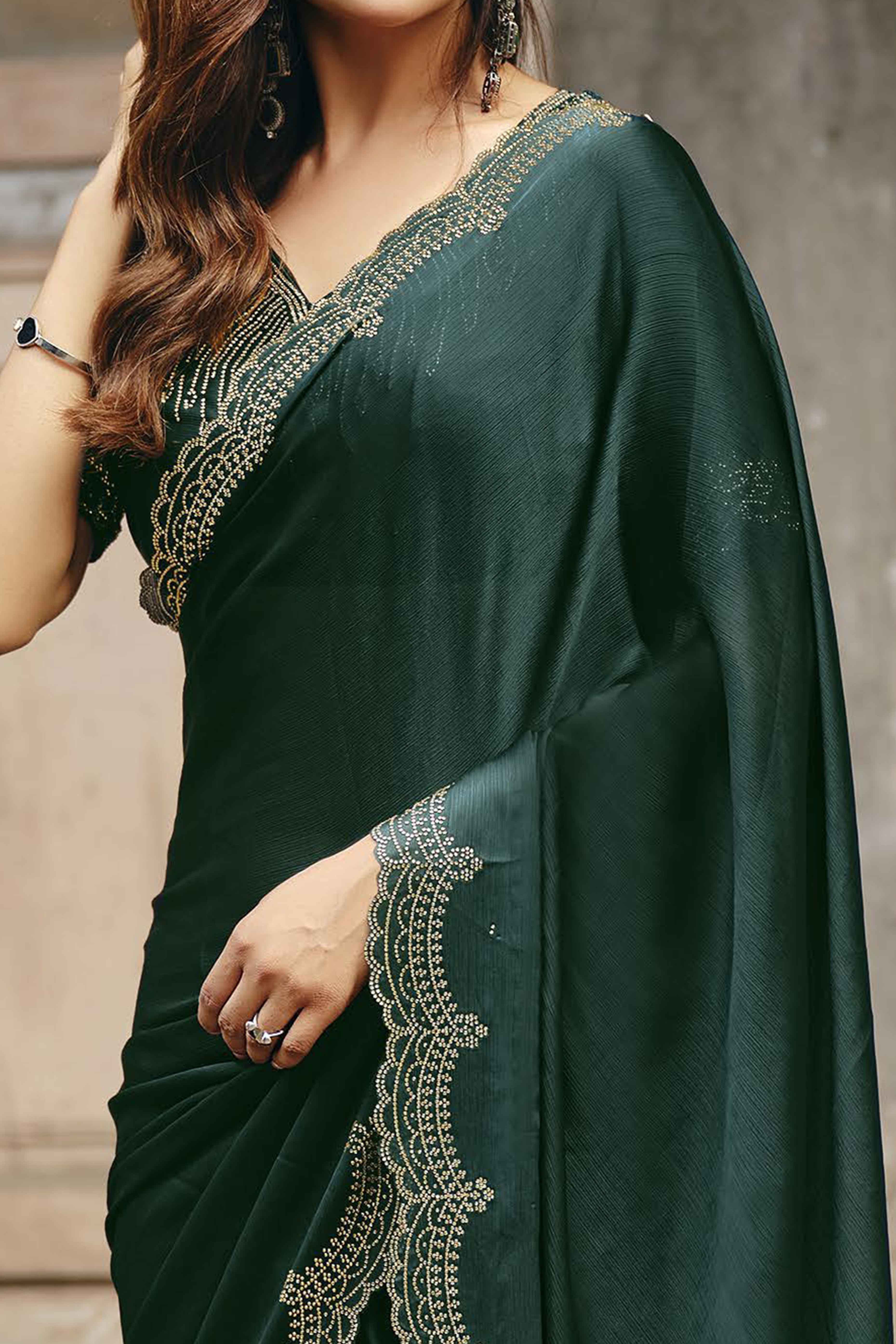 Bottle Green Stone Work Embellished Satin Saree for Glamorous Party Look