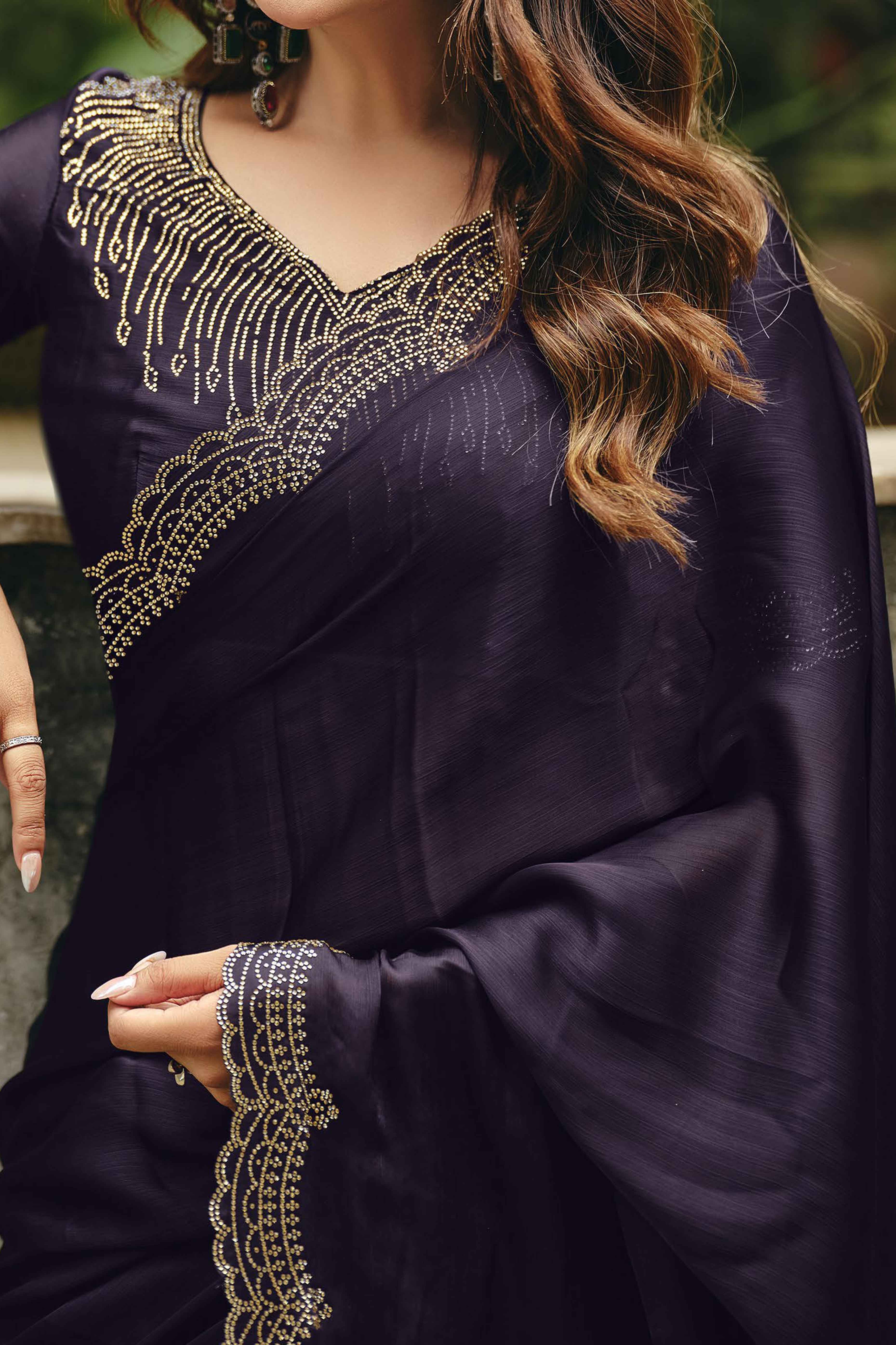 Deep Purple Stone Work Embellished Satin Saree for Glamorous Party Look