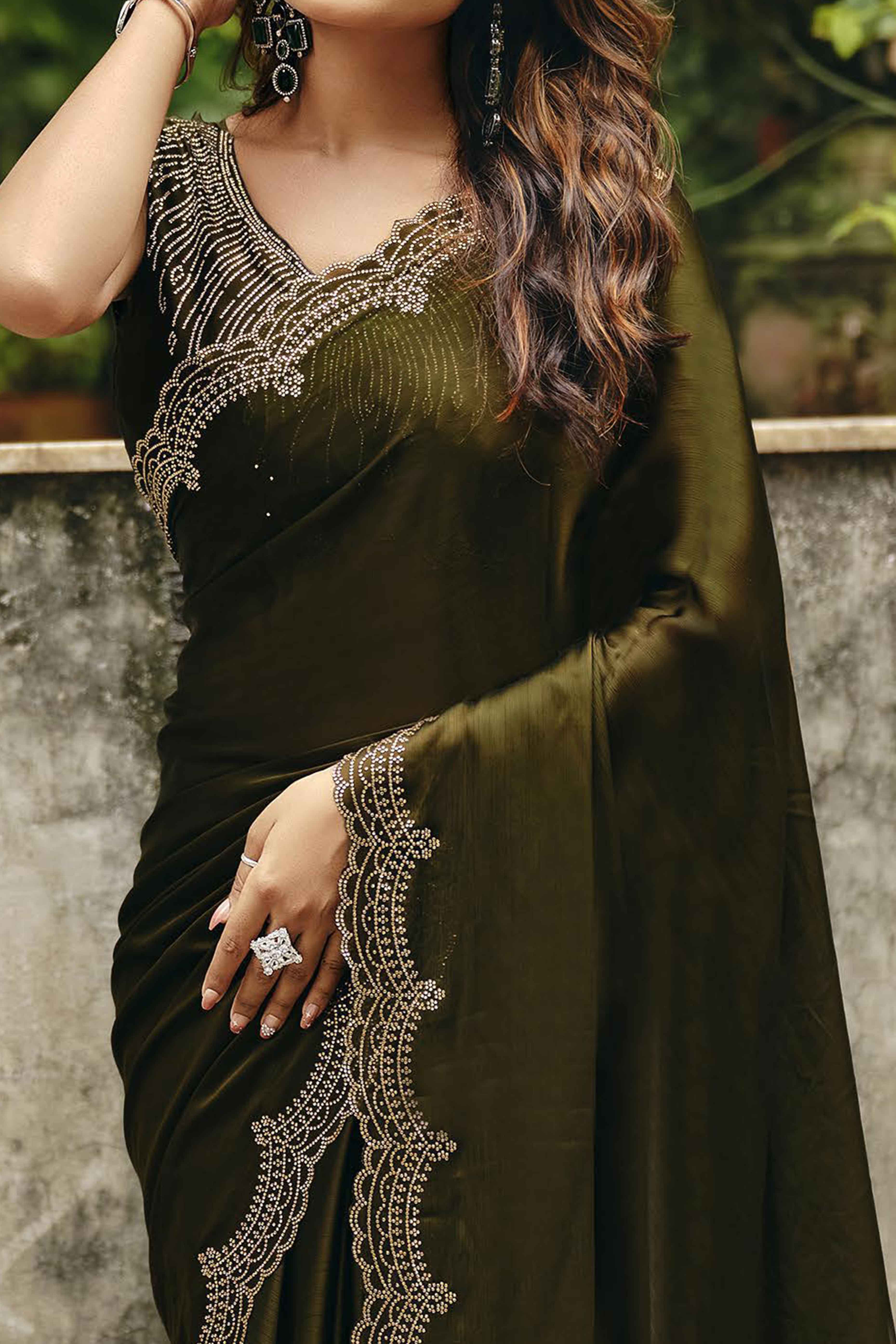 Mehendi Green Stone Work Embellished Satin Saree for Glamorous Party Look
