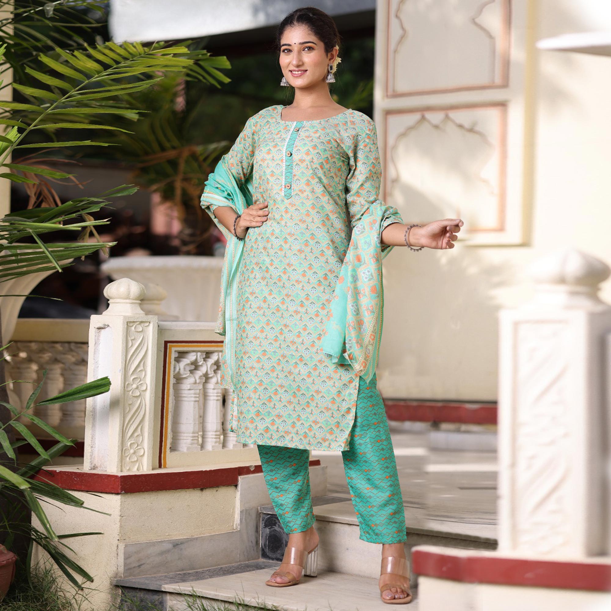 Green Floral Printed Pure Cotton Suit