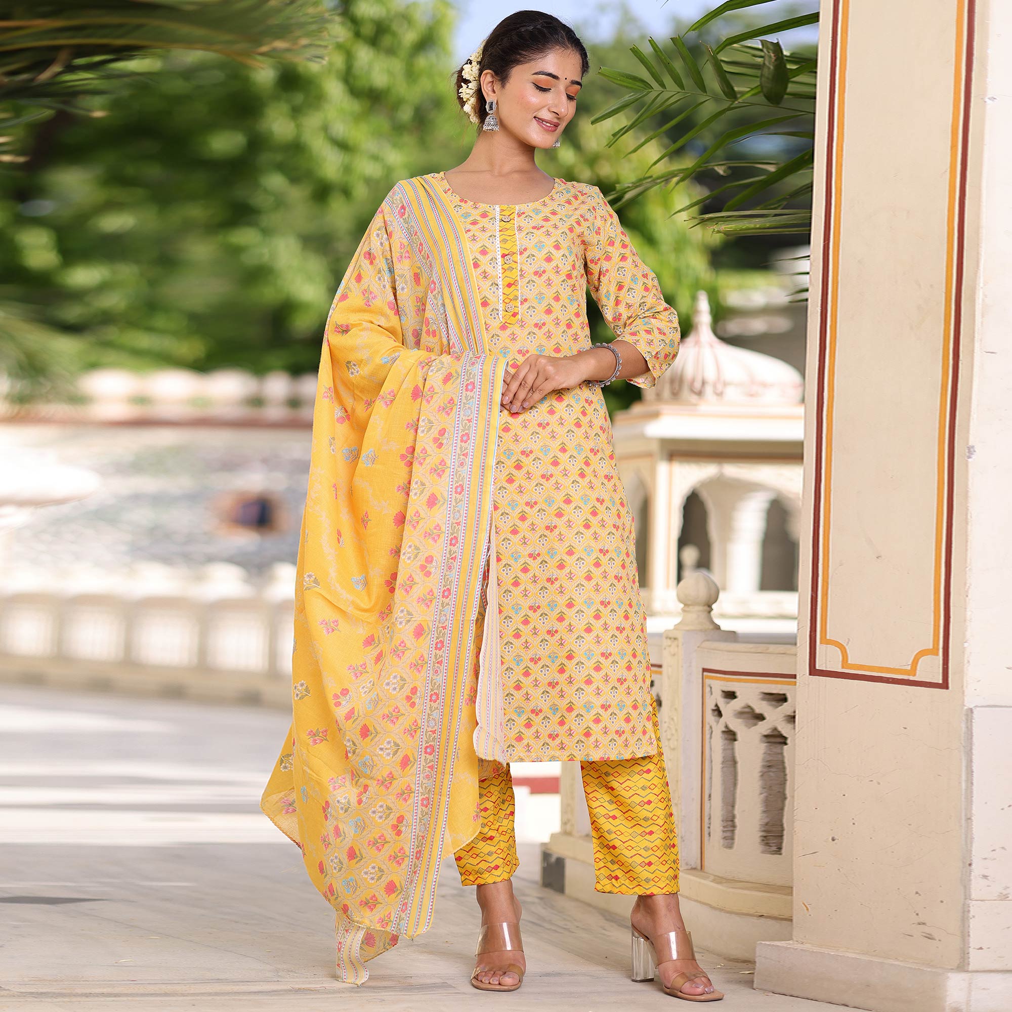 Yellow Floral Printed Pure Cotton Suit