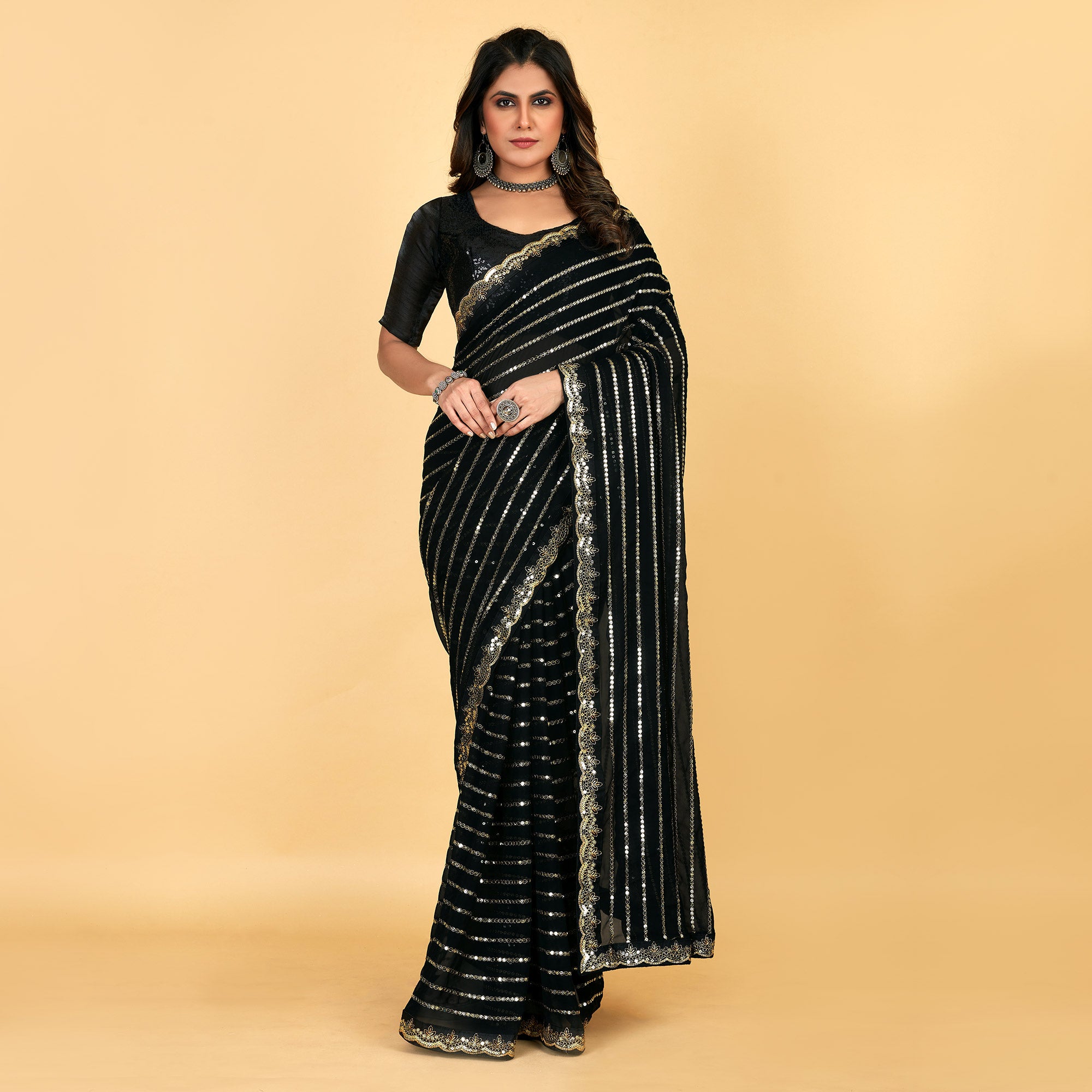 Black Sequins Embroidered Georgette Saree