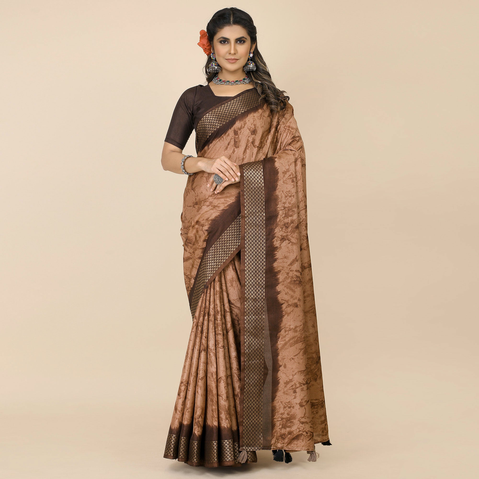 Coffee Brown Printed Cotton Silk Saree With Zari Border