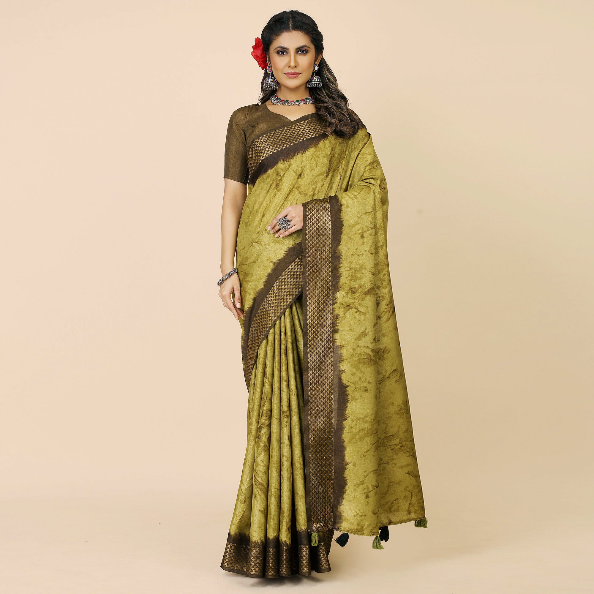 Mehendi Green Printed Cotton Silk Saree With Zari Border