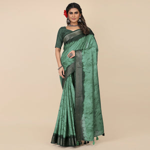 Turquoise Printed Cotton Silk Saree With Zari Border