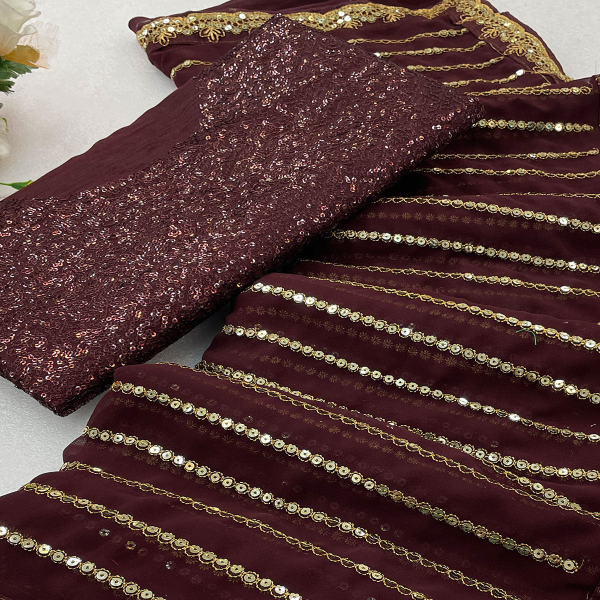 Brown Sequins Embroidered Georgette Saree