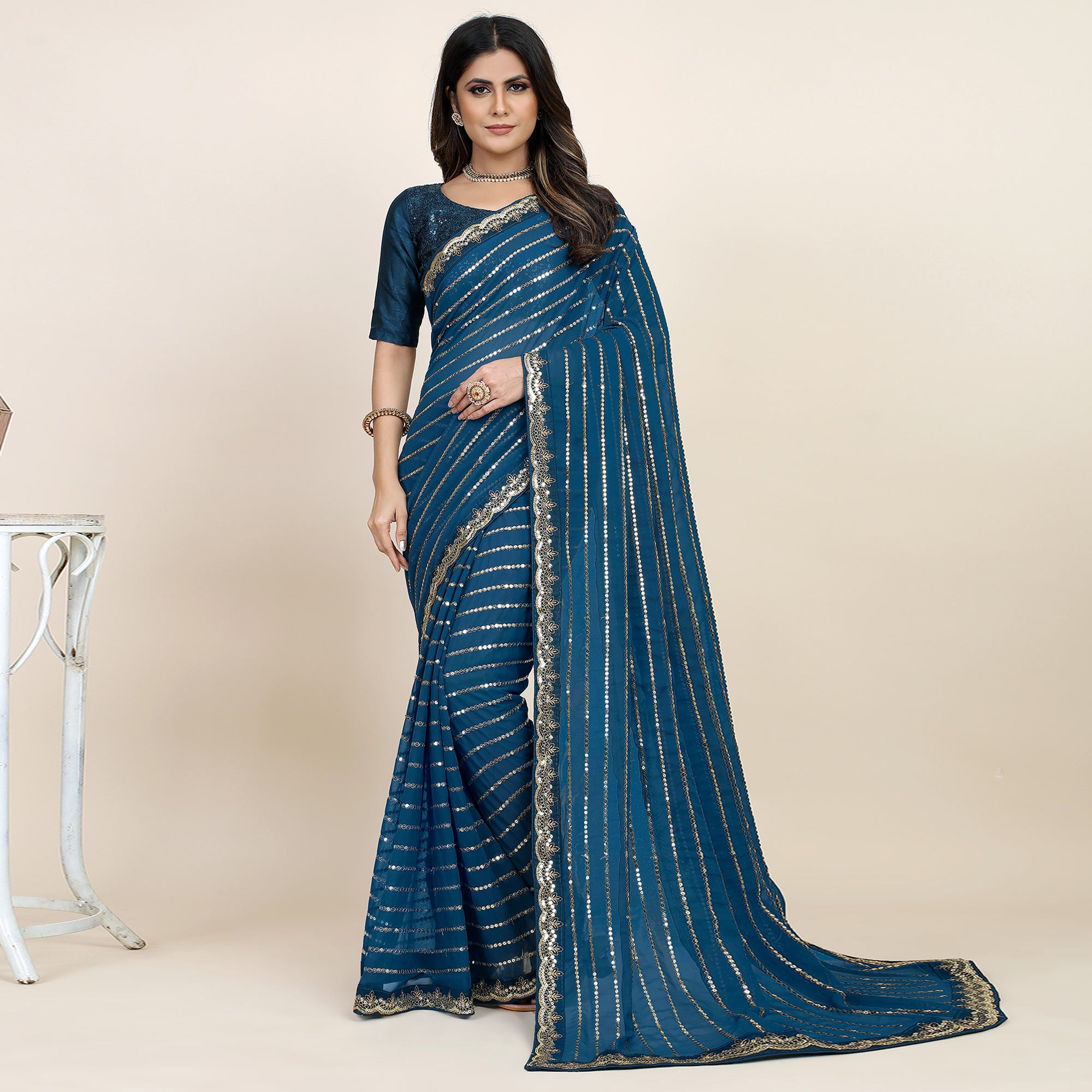 Morpich Sequins Embroidered Georgette Saree